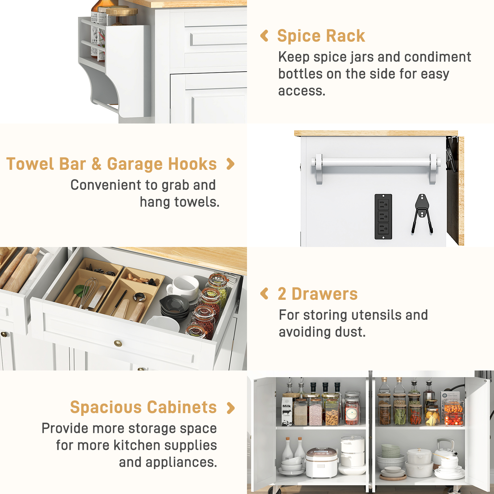 ANPOO 55" Rolling Kitchen Island with Drop Leaf and Power Outlet, Movable Kitchen Cart with Rubber wood Countertop, Island Table on Wheels for Kitchen w/2 Drawers, Spice Rack, Adjustable Shelves