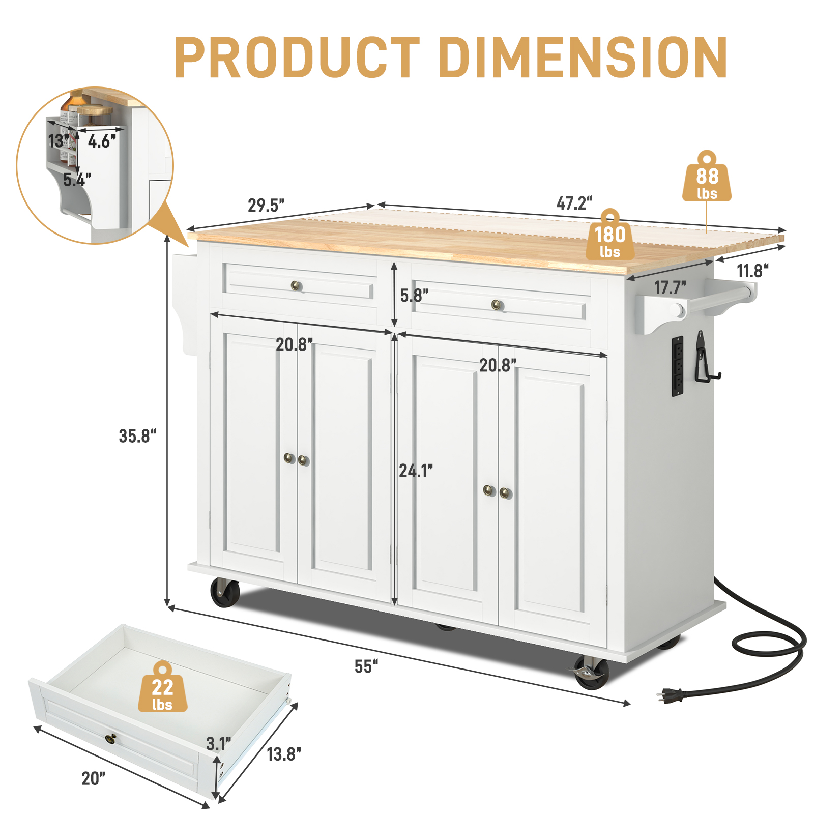 ANPOO 55" Rolling Kitchen Island with Drop Leaf and Power Outlet, Movable Kitchen Cart with Rubber wood Countertop, Island Table on Wheels for Kitchen w/2 Drawers, Spice Rack, Adjustable Shelves
