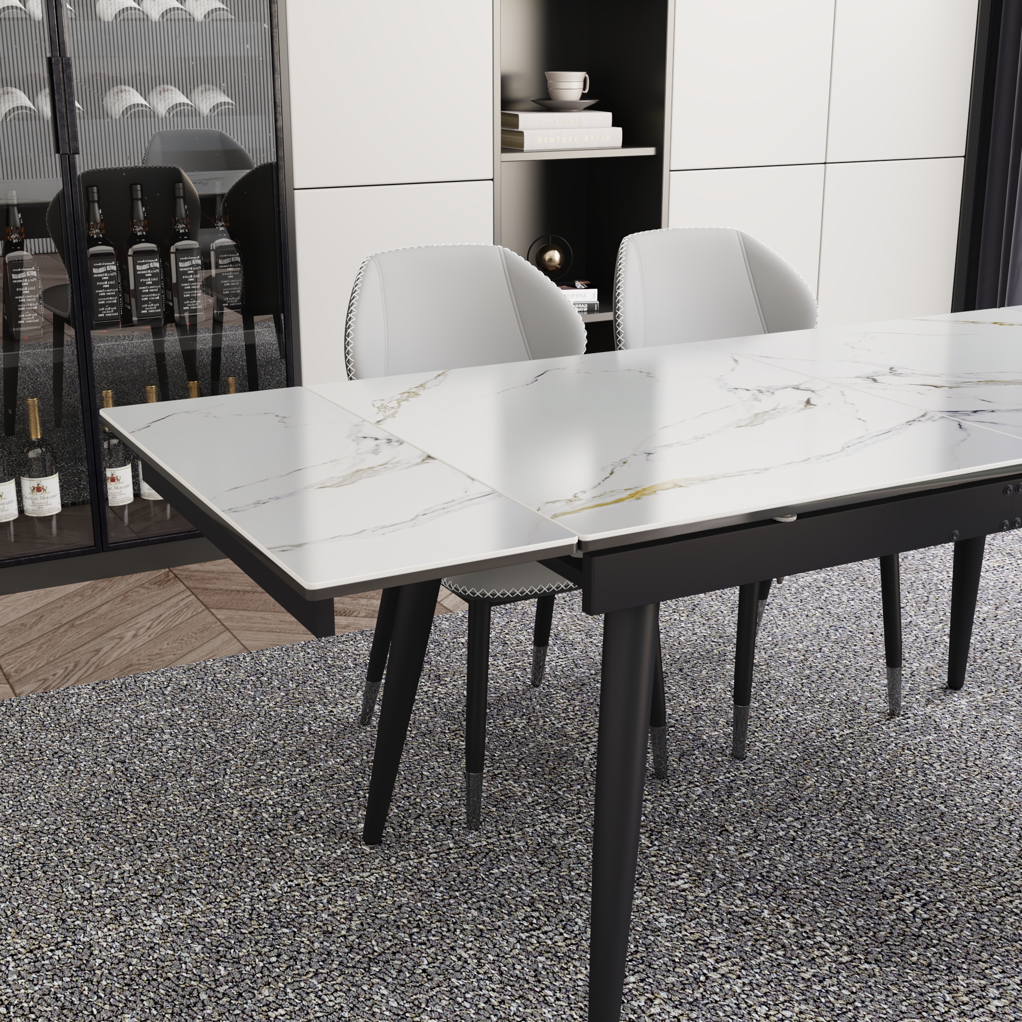 ChVans Large Mobile Extendable Dining Table for 6-10,55"- 78" Rectangular Sintered Stone Dining Room Table,Modern White Faux Marble Kitchen Table for Dining Room,Living Room