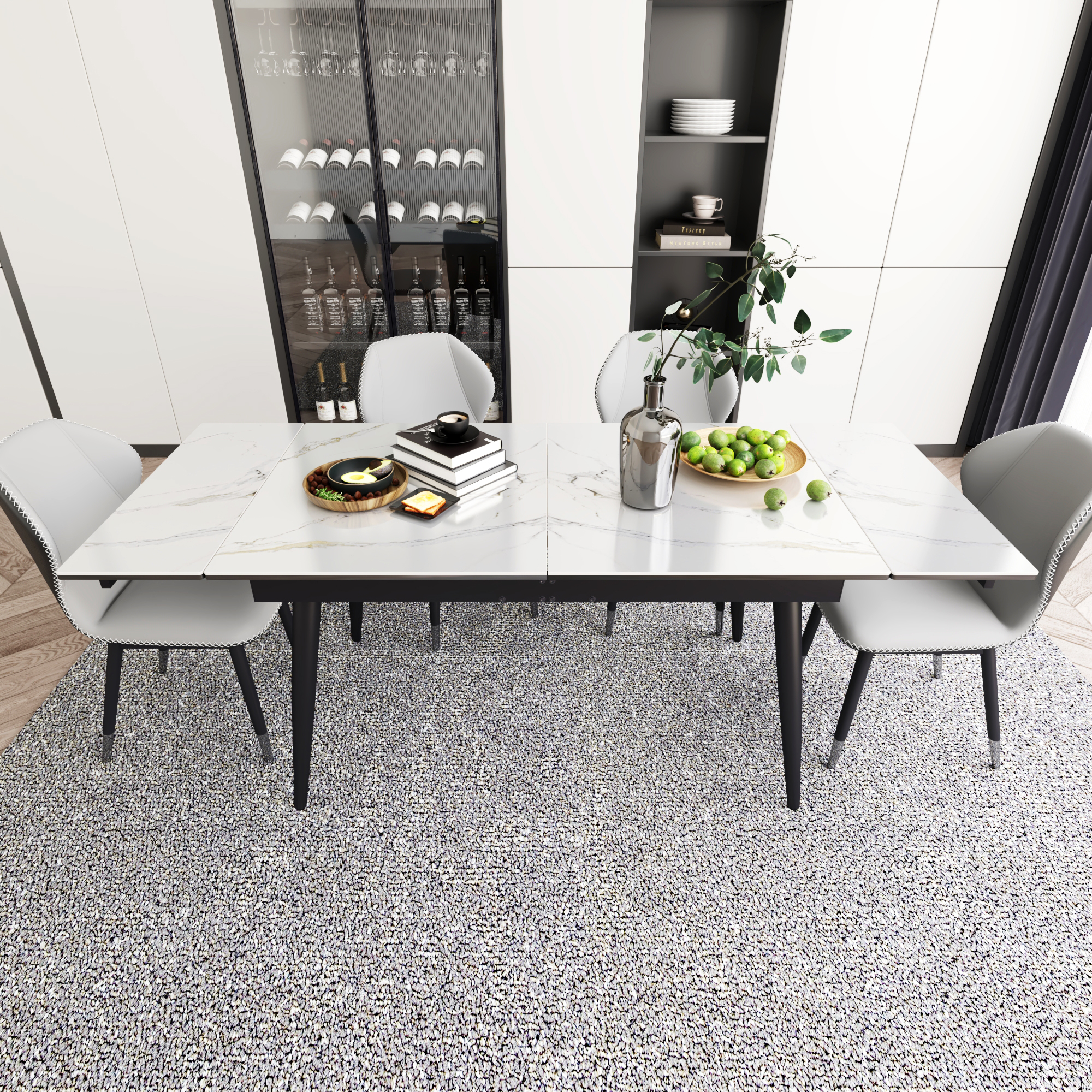 ChVans Large Mobile Extendable Dining Table for 6-10,55"- 78" Rectangular Sintered Stone Dining Room Table,Modern White Faux Marble Kitchen Table for Dining Room,Living Room