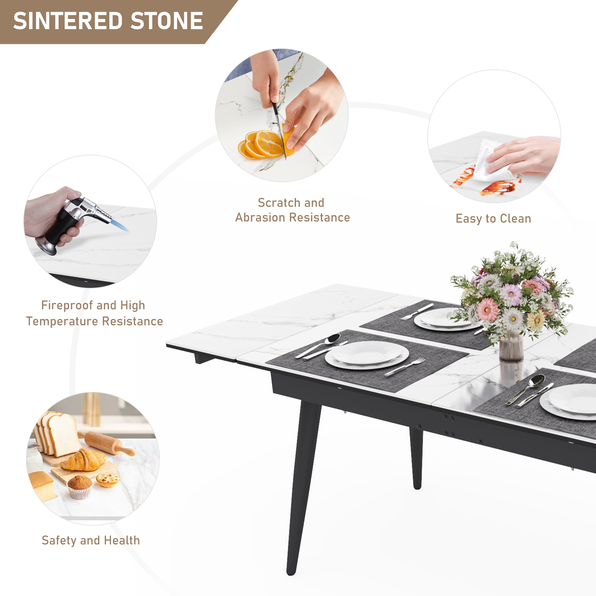 ChVans Large Mobile Extendable Dining Table for 6-10,55"- 78" Rectangular Sintered Stone Dining Room Table,Modern White Faux Marble Kitchen Table for Dining Room,Living Room