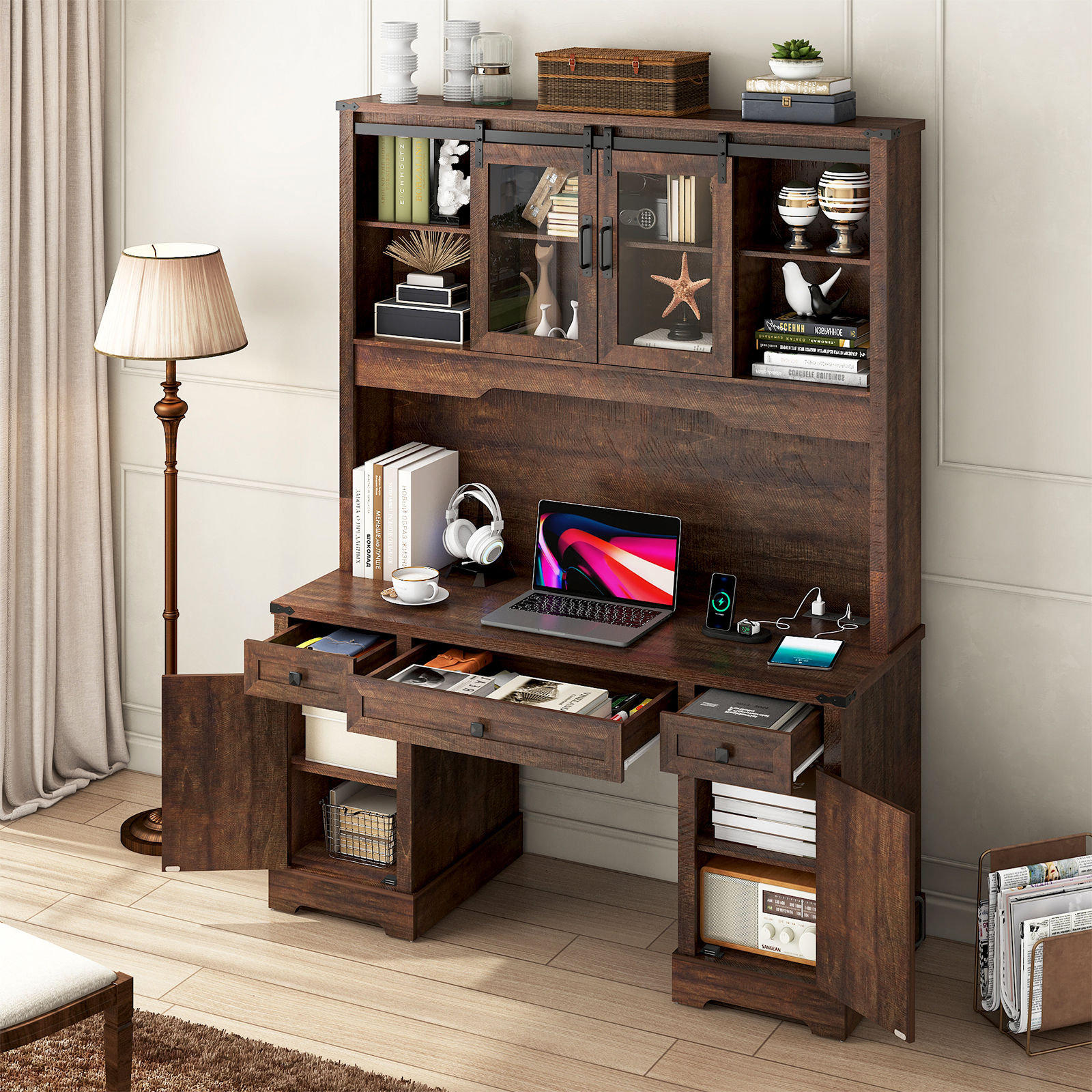 76" Tall Coffee Bar Cabinet with Hutch, Farmhouse Kitchen Pantry Sideboard Buffet with Sliding Glass Doors & Charging Station