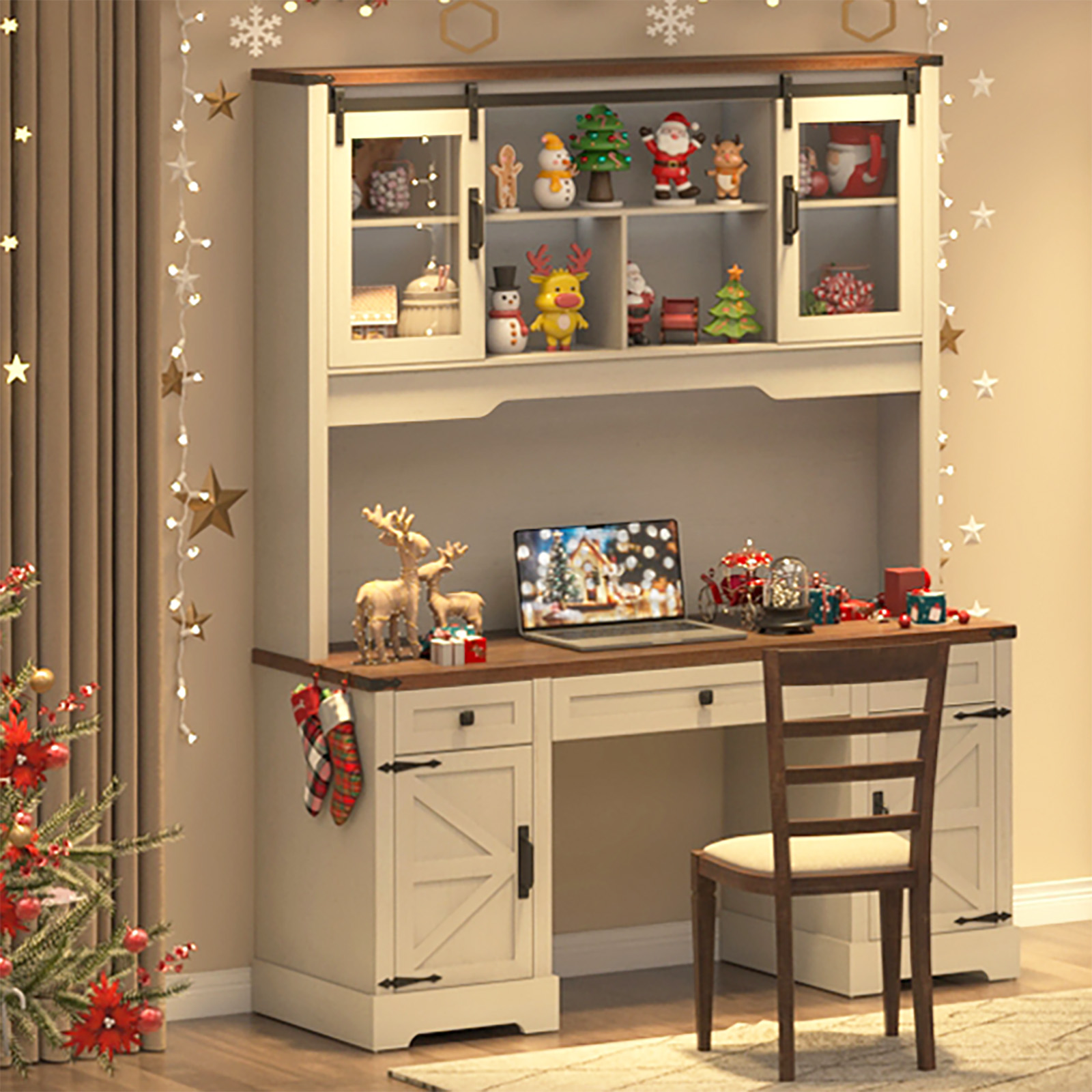 76" Tall Coffee Bar Cabinet with Hutch, Farmhouse Kitchen Pantry Sideboard Buffet with Sliding Glass Doors & Charging Station