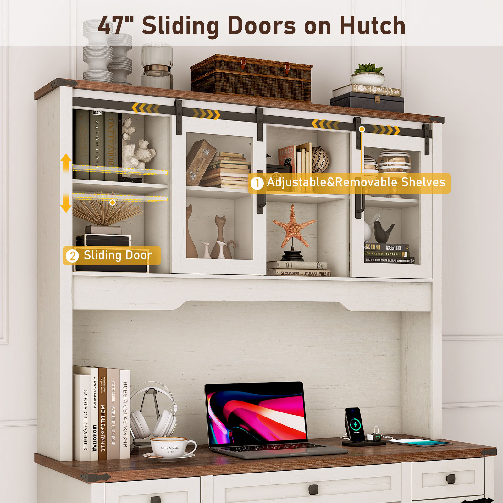 76" Tall Coffee Bar Cabinet with Hutch, Farmhouse Kitchen Pantry Sideboard Buffet with Sliding Glass Doors & Charging Station