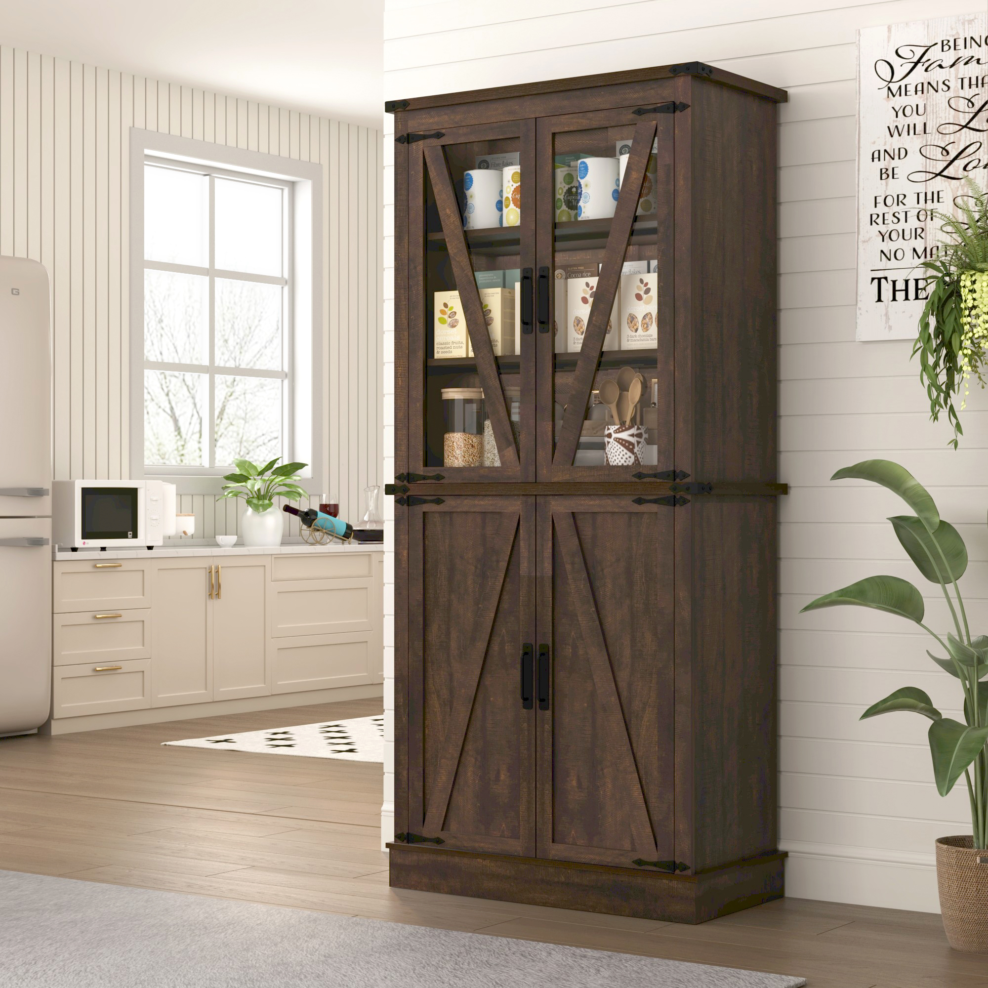 ChVans 71" Tall Farmhouse Kitchen Pantry with Adjustable Shelves & Pull Out Drawers, 7 Layers Pantry Storage Cabinet with Load-Bearing Steel Pipe&4 Barn Doors for Kitchen,Dining Room,Living Room
