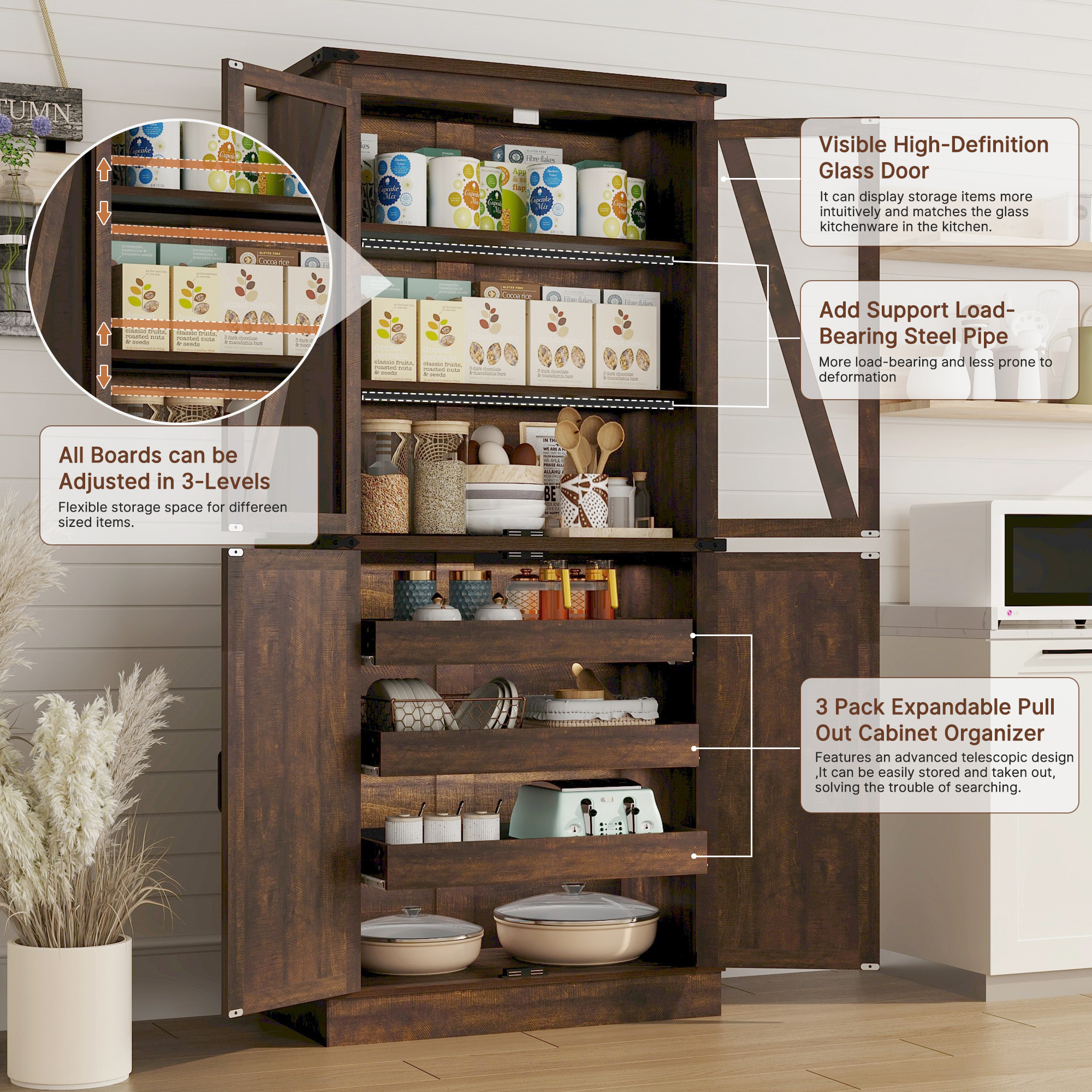 ChVans 71" Tall Farmhouse Kitchen Pantry with Adjustable Shelves & Pull Out Drawers, 7 Layers Pantry Storage Cabinet with Load-Bearing Steel Pipe&4 Barn Doors for Kitchen,Dining Room,Living Room