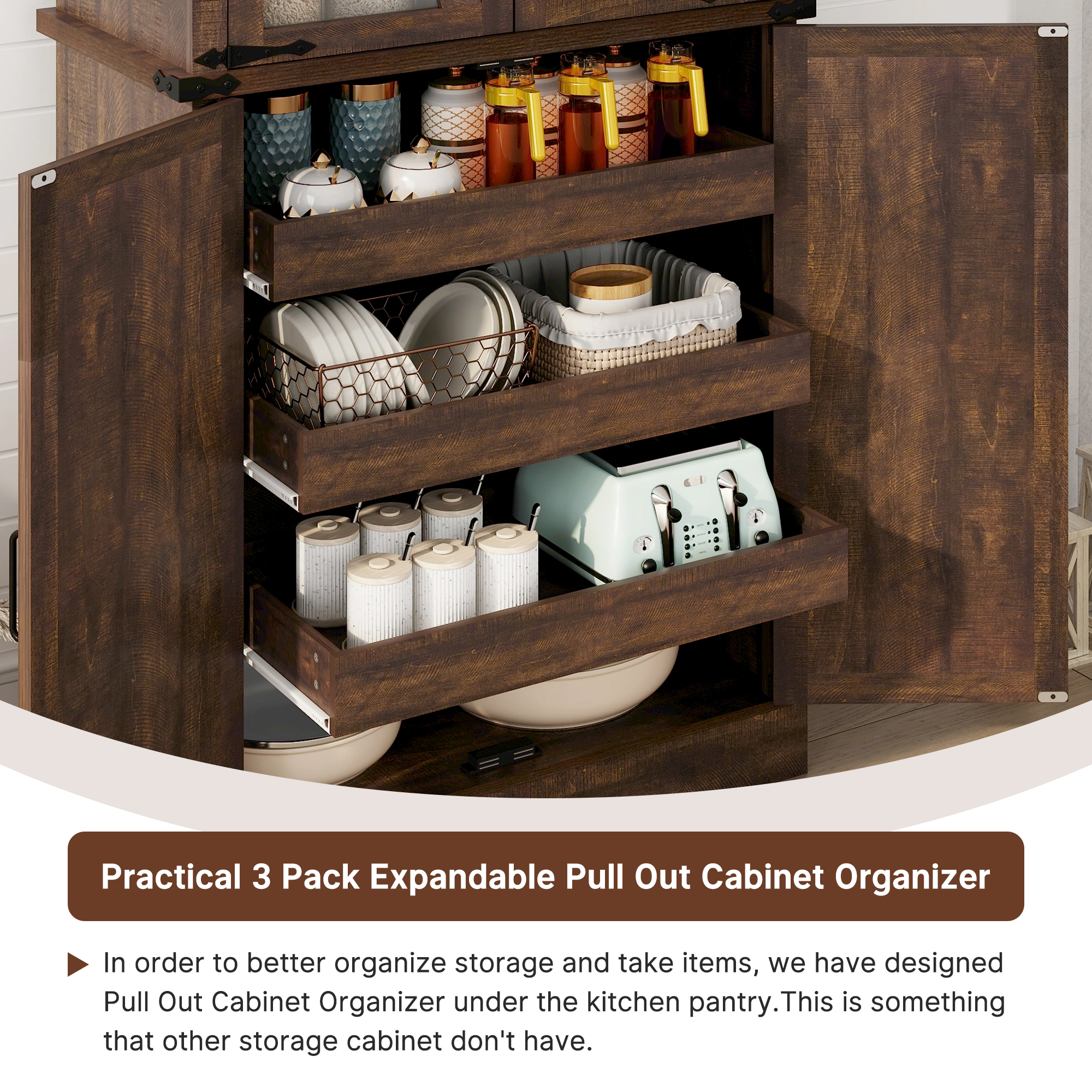 ChVans 71" Tall Farmhouse Kitchen Pantry with Adjustable Shelves & Pull Out Drawers, 7 Layers Pantry Storage Cabinet with Load-Bearing Steel Pipe&4 Barn Doors for Kitchen,Dining Room,Living Room