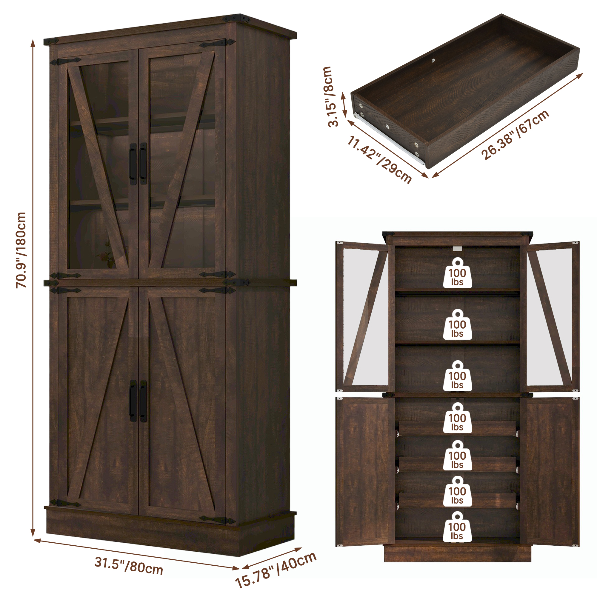 ChVans 71" Tall Farmhouse Kitchen Pantry with Adjustable Shelves & Pull Out Drawers, 7 Layers Pantry Storage Cabinet with Load-Bearing Steel Pipe&4 Barn Doors for Kitchen,Dining Room,Living Room