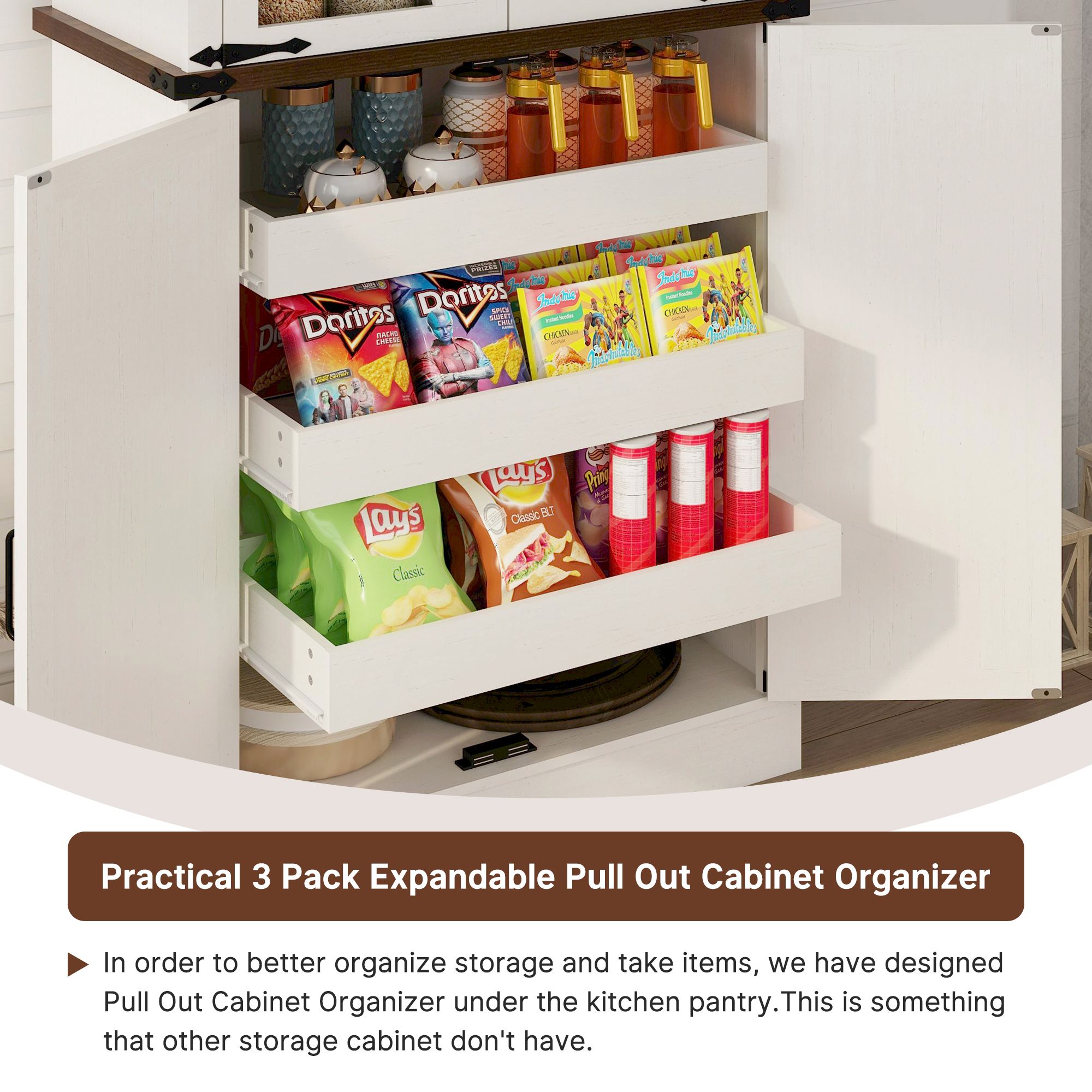 ChVans 71" Tall Farmhouse Kitchen Pantry with Adjustable Shelves & Pull Out Drawers, 7 Layers Pantry Storage Cabinet with Load-Bearing Steel Pipe&4 Barn Doors for Kitchen,Dining Room,Living Room