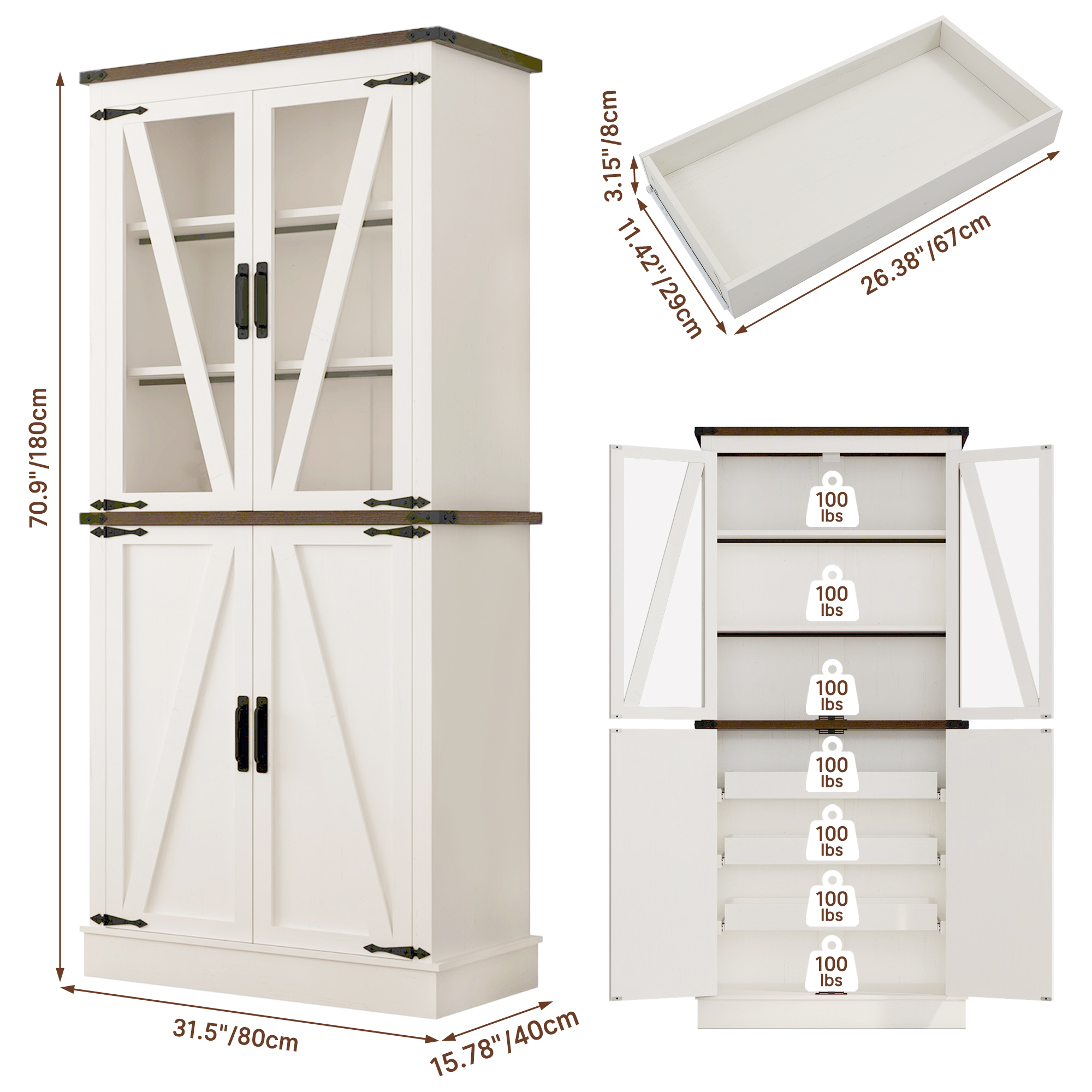 ChVans 71" Tall Farmhouse Kitchen Pantry with Adjustable Shelves & Pull Out Drawers, 7 Layers Pantry Storage Cabinet with Load-Bearing Steel Pipe&4 Barn Doors for Kitchen,Dining Room,Living Room