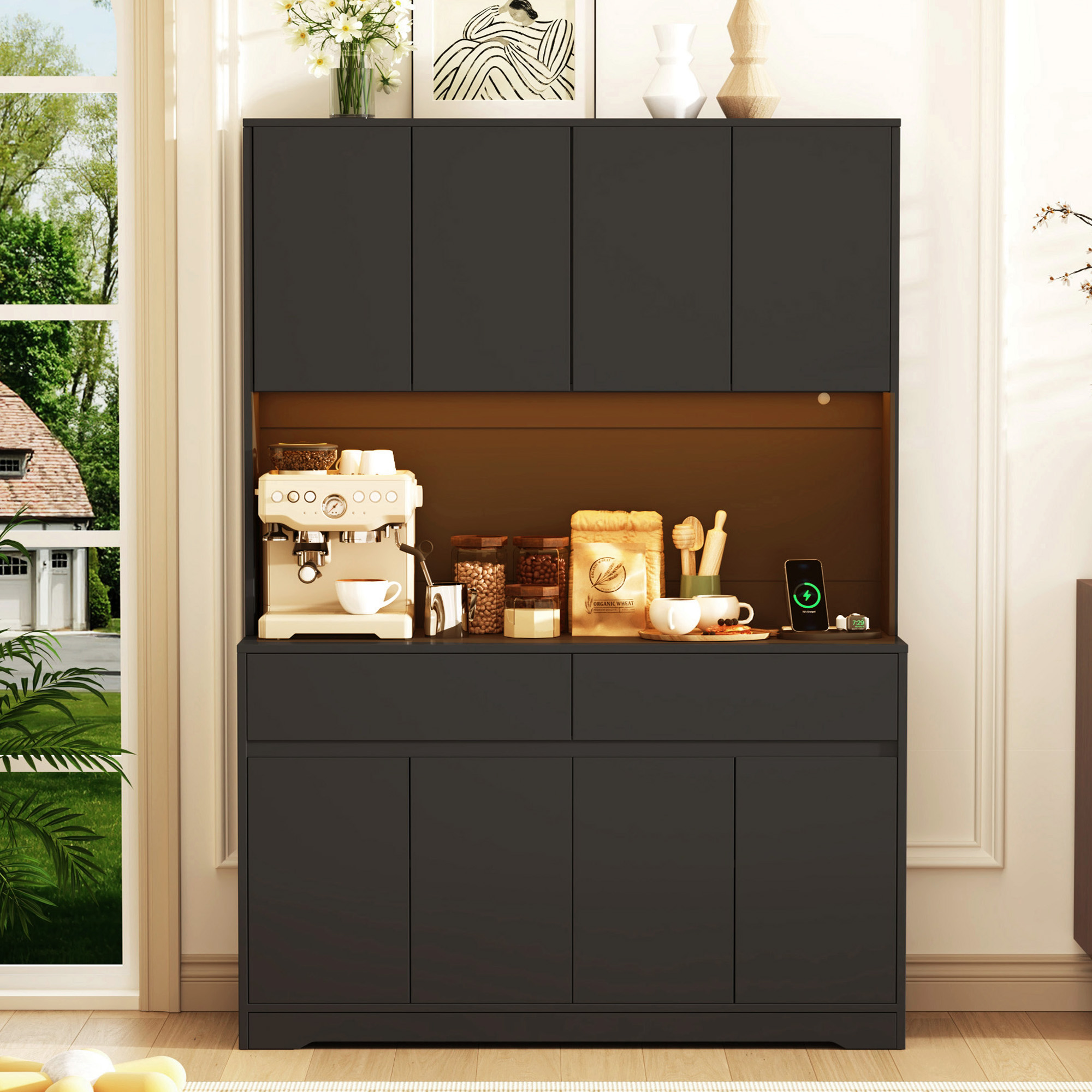 71" Tall Kitchen Pantry with LED Light & Charging Station