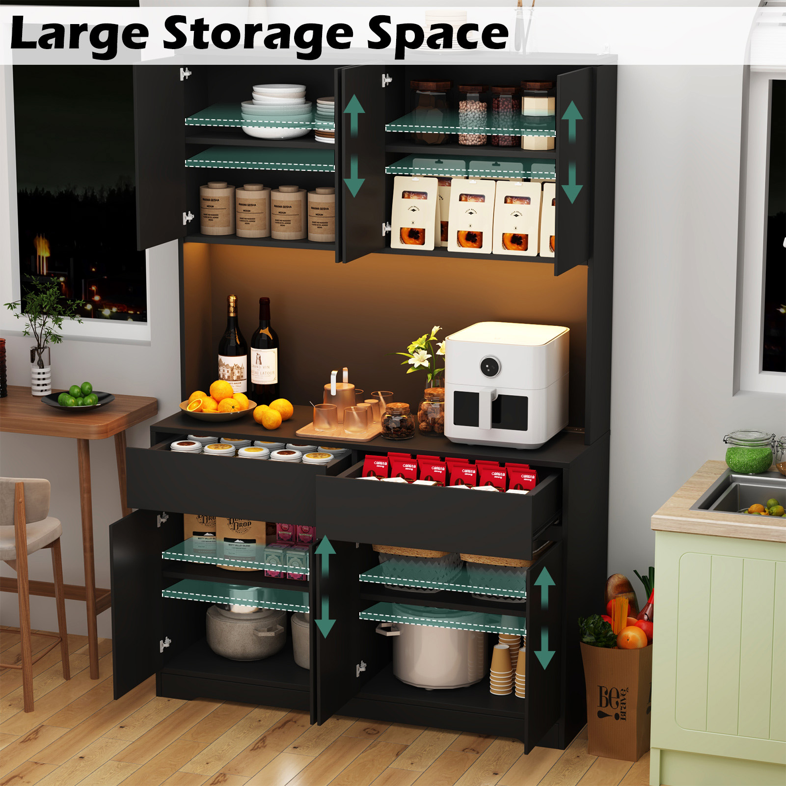 71" Tall Kitchen Pantry with LED Light & Charging Station