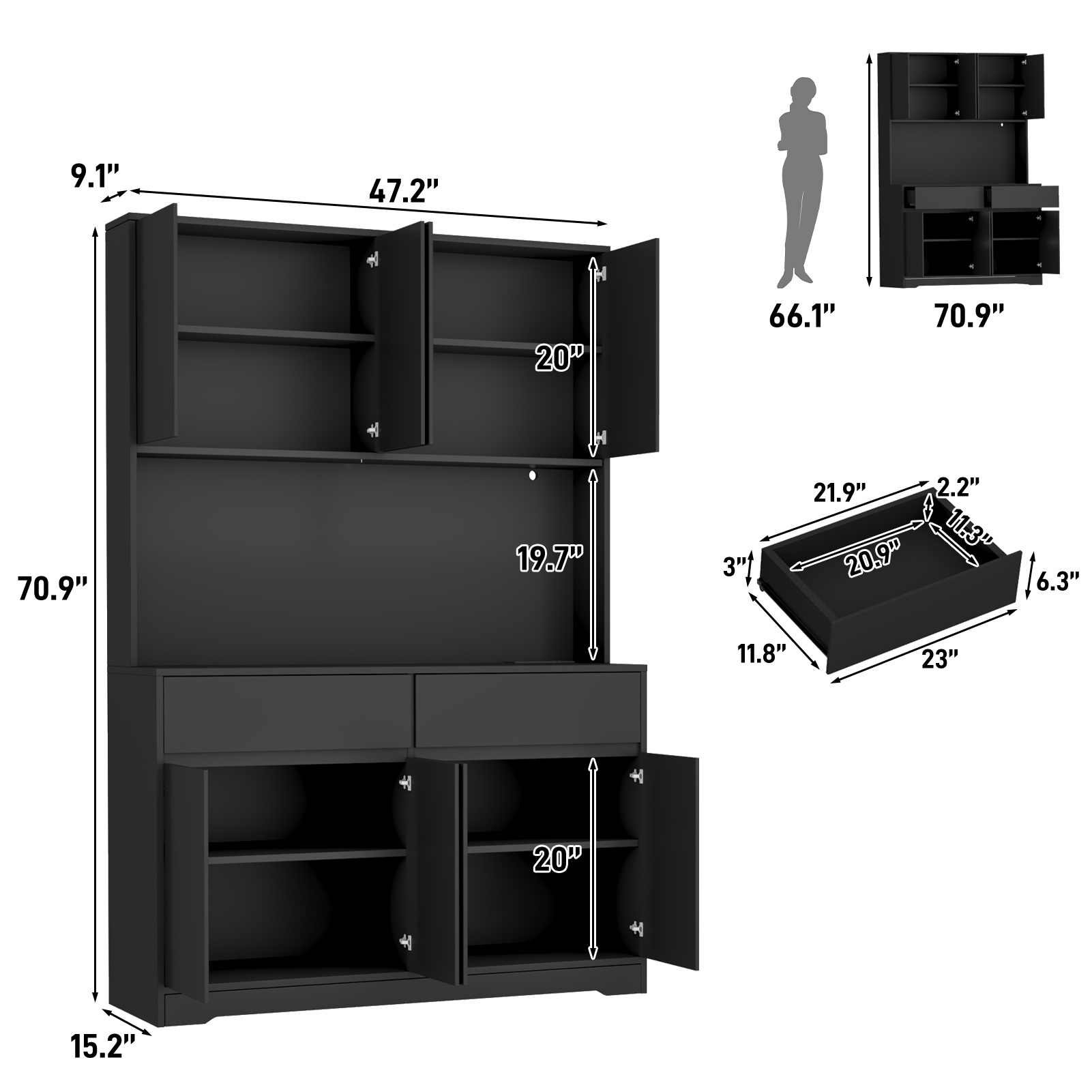 71" Tall Kitchen Pantry with LED Light & Charging Station