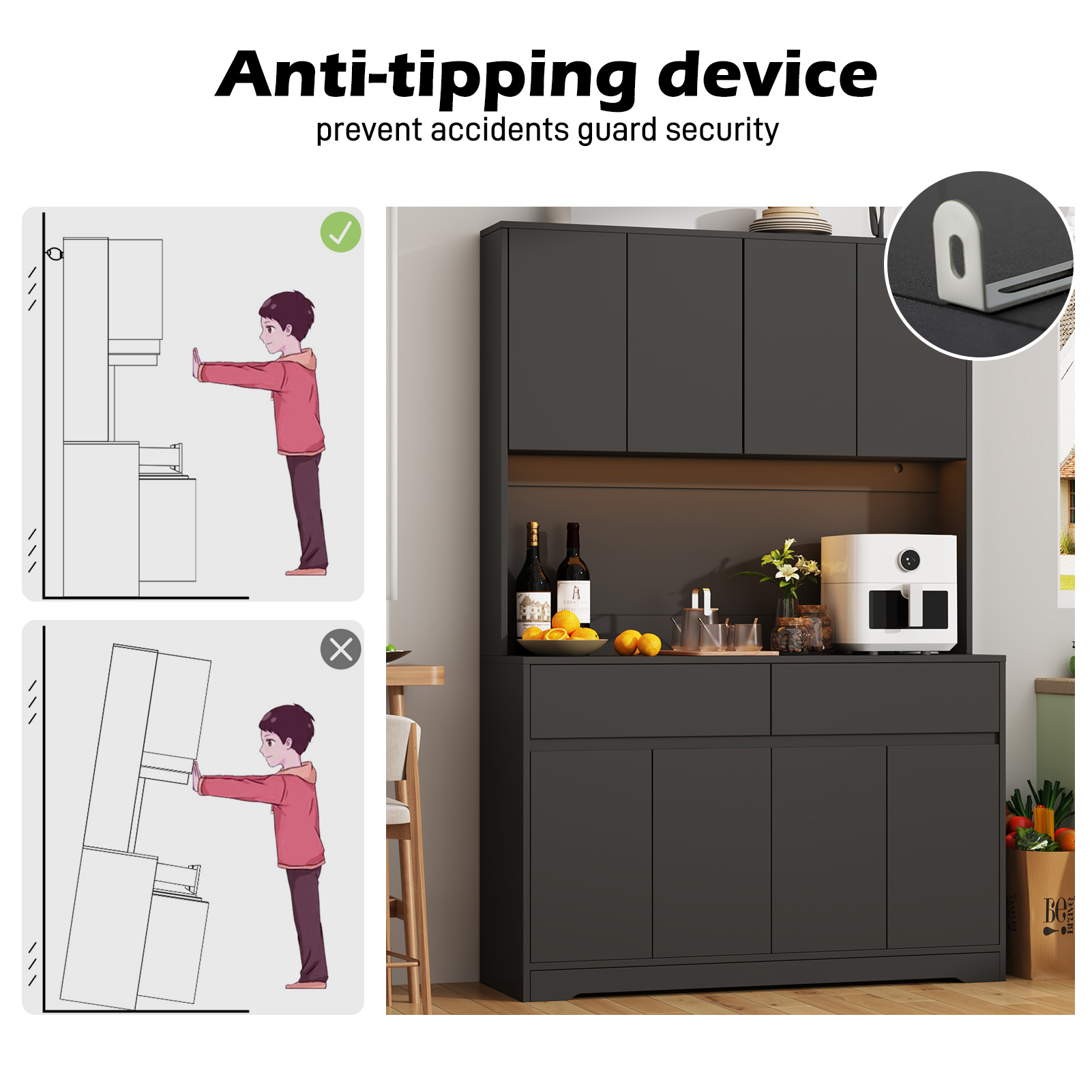 71" Tall Kitchen Pantry with LED Light & Charging Station