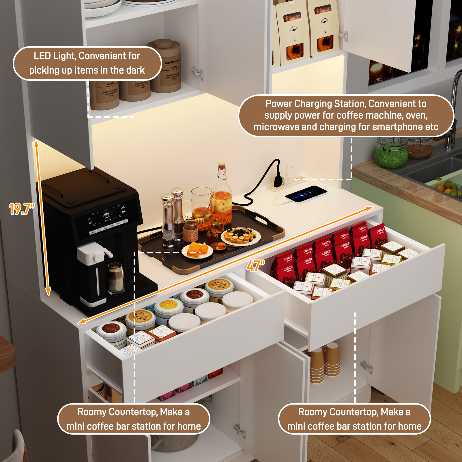 71" Tall Kitchen Pantry with LED Light & Charging Station