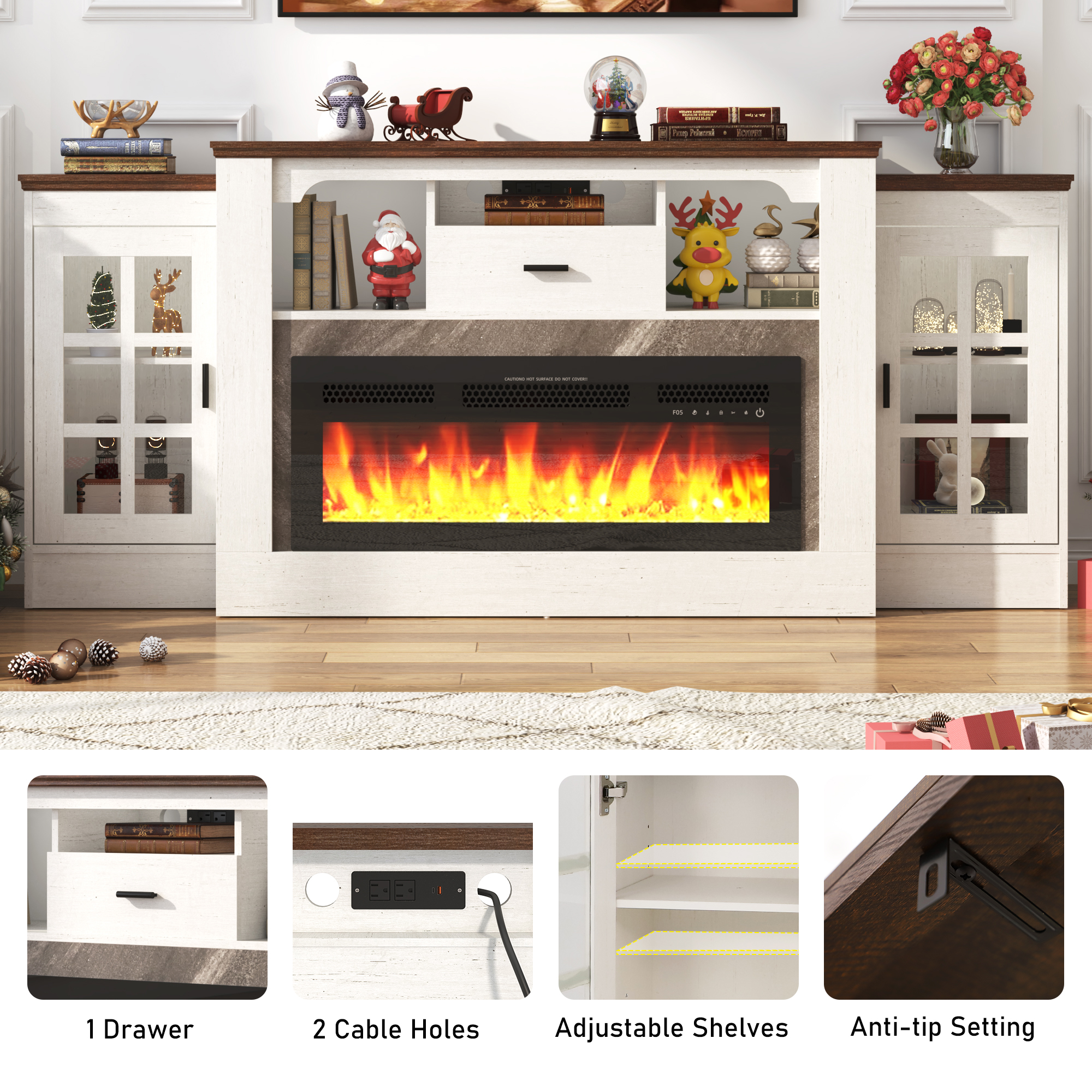 ChVans 75" Fireplace TV Stand for TVs up to 85" with 36" Electric Fireplace, 33"H Farmhouse Entertainment Center with Power Outlet & LED Lights, Wooden Media Console for Living Room, Bedroom