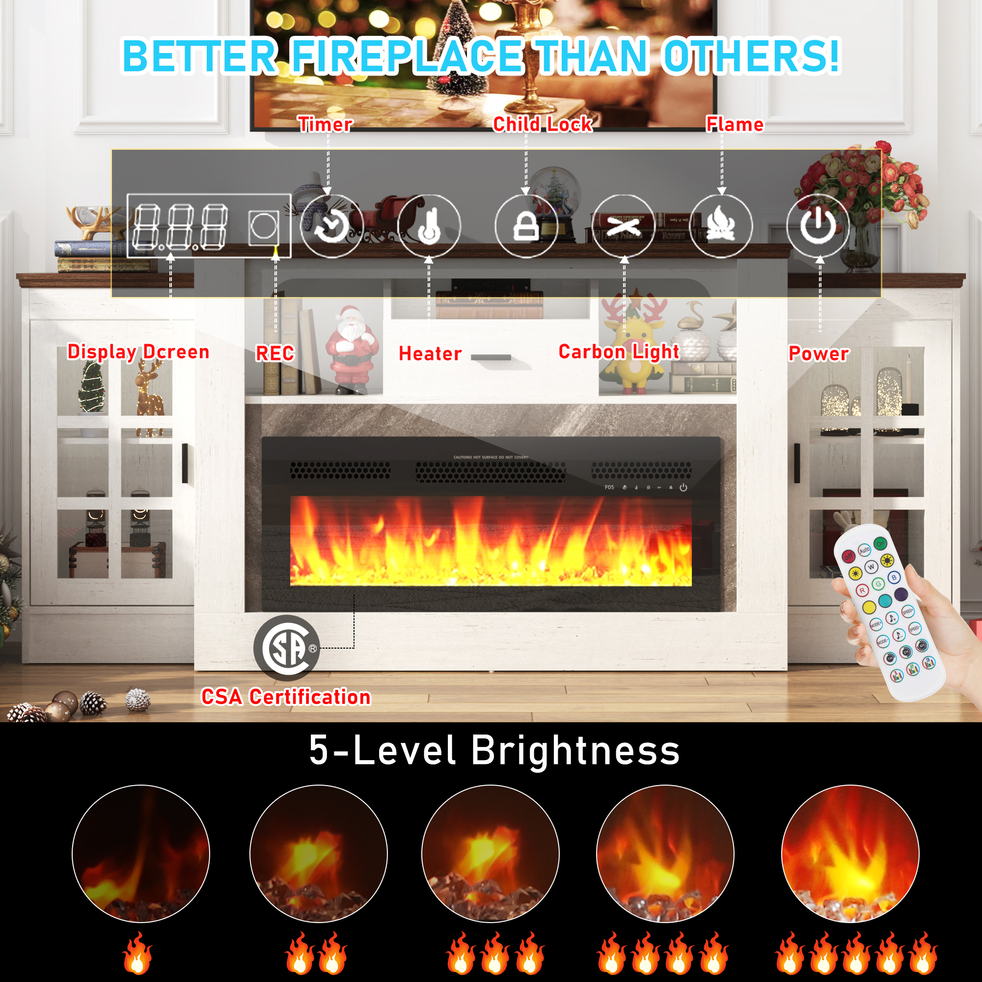 ChVans 75" Fireplace TV Stand for TVs up to 85" with 36" Electric Fireplace, 33"H Farmhouse Entertainment Center with Power Outlet & LED Lights, Wooden Media Console for Living Room, Bedroom