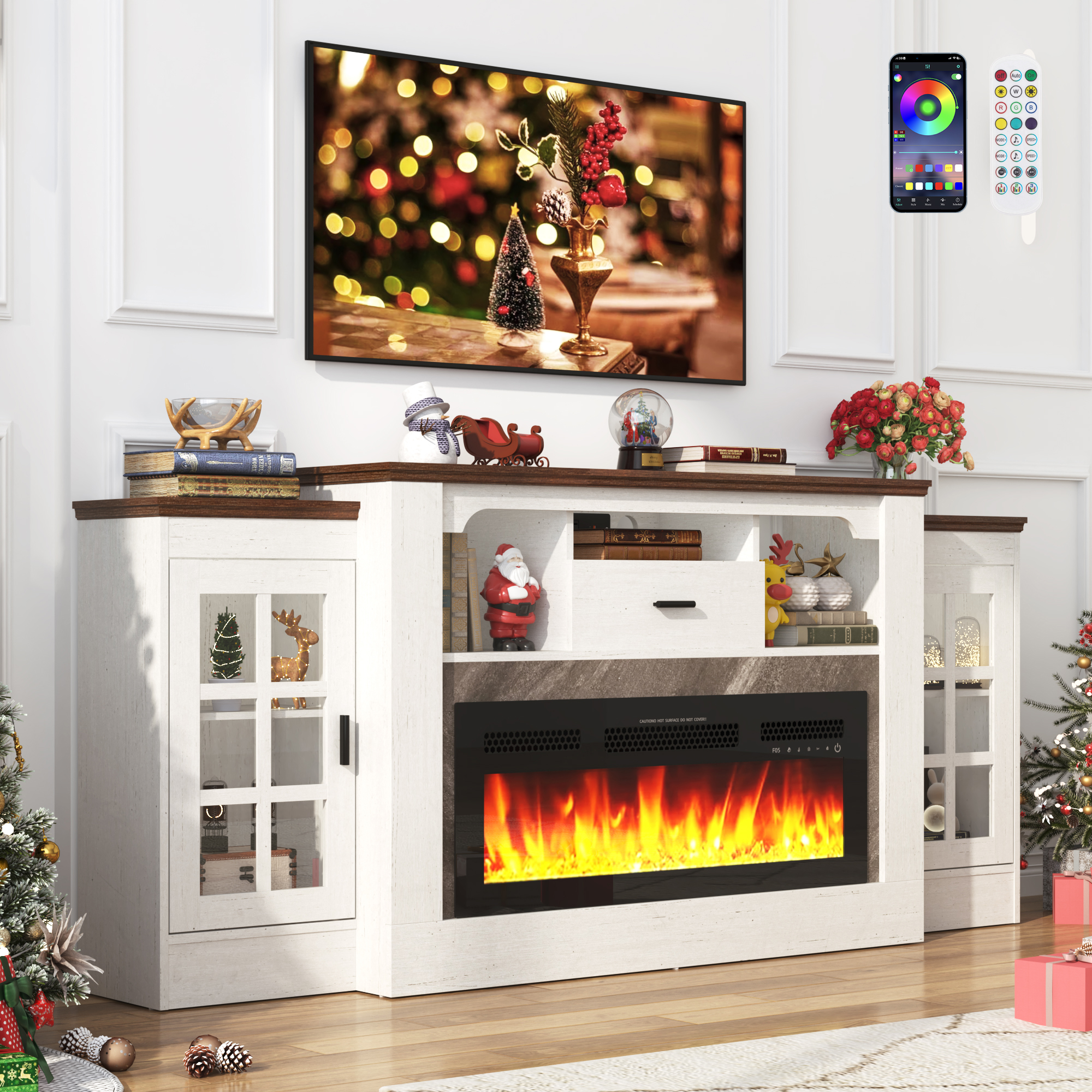 ChVans 75" Fireplace TV Stand for TVs up to 85" with 36" Electric Fireplace, 33"H Farmhouse Entertainment Center with Power Outlet & LED Lights, Wooden Media Console for Living Room, Bedroom