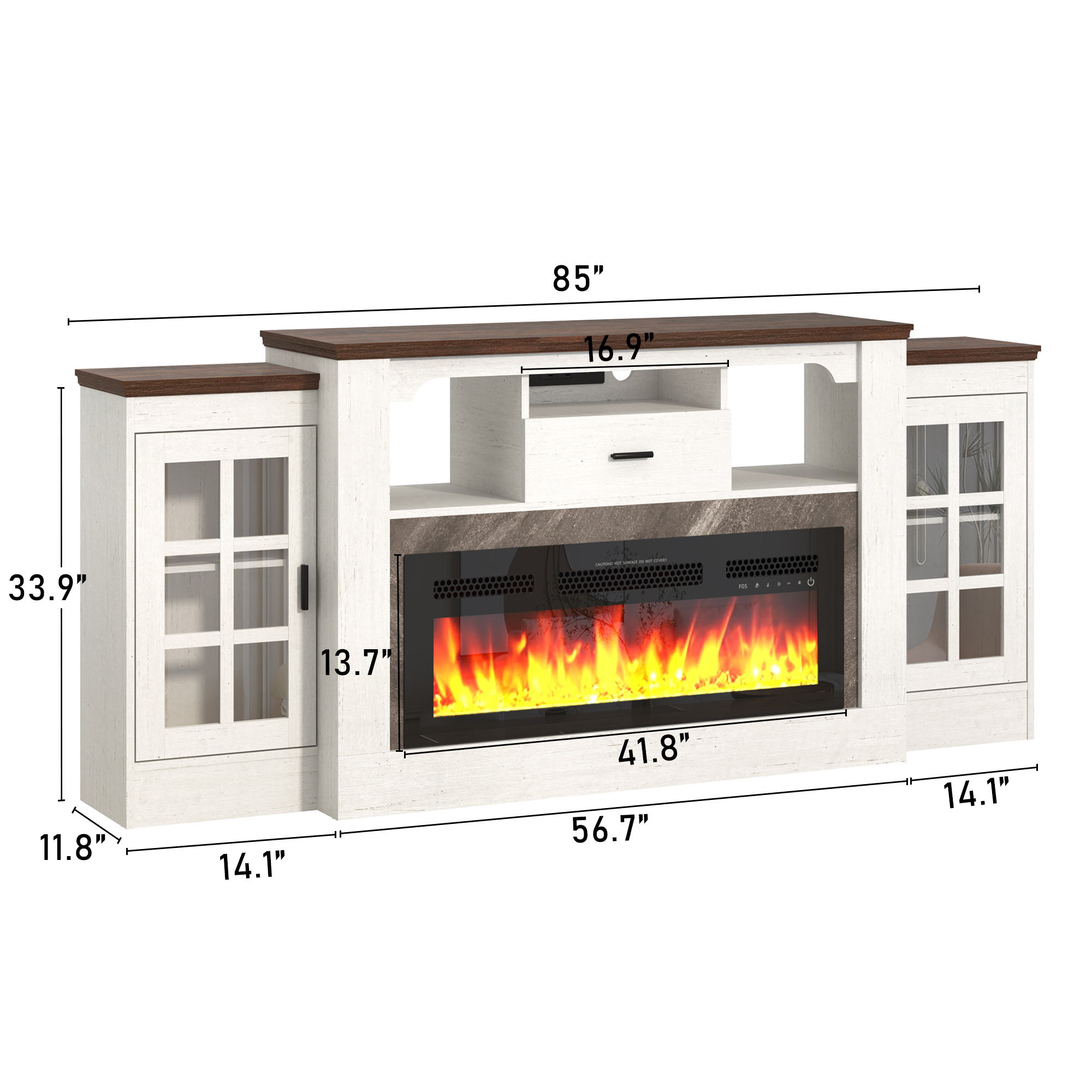 ChVans 75" Fireplace TV Stand for TVs up to 85" with 36" Electric Fireplace, 33"H Farmhouse Entertainment Center with Power Outlet & LED Lights, Wooden Media Console for Living Room, Bedroom