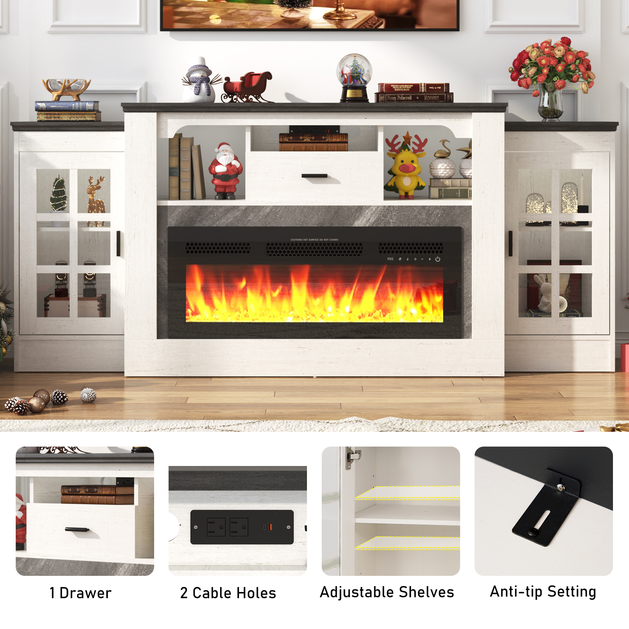 ChVans 75" Fireplace TV Stand for TVs up to 85" with 36" Electric Fireplace, 33"H Farmhouse Entertainment Center with Power Outlet & LED Lights, Wooden Media Console for Living Room, Bedroom