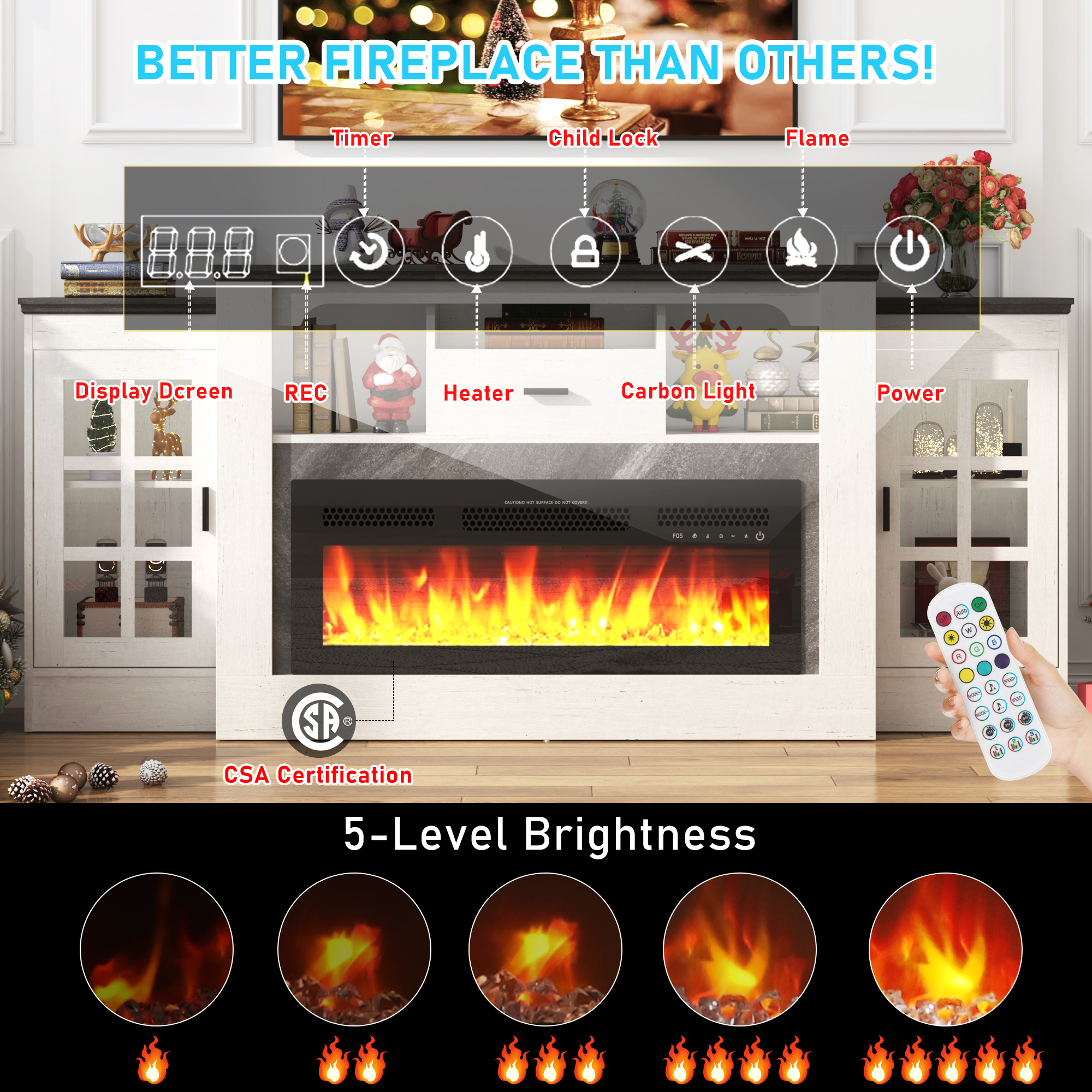 ChVans 75" Fireplace TV Stand for TVs up to 85" with 36" Electric Fireplace, 33"H Farmhouse Entertainment Center with Power Outlet & LED Lights, Wooden Media Console for Living Room, Bedroom