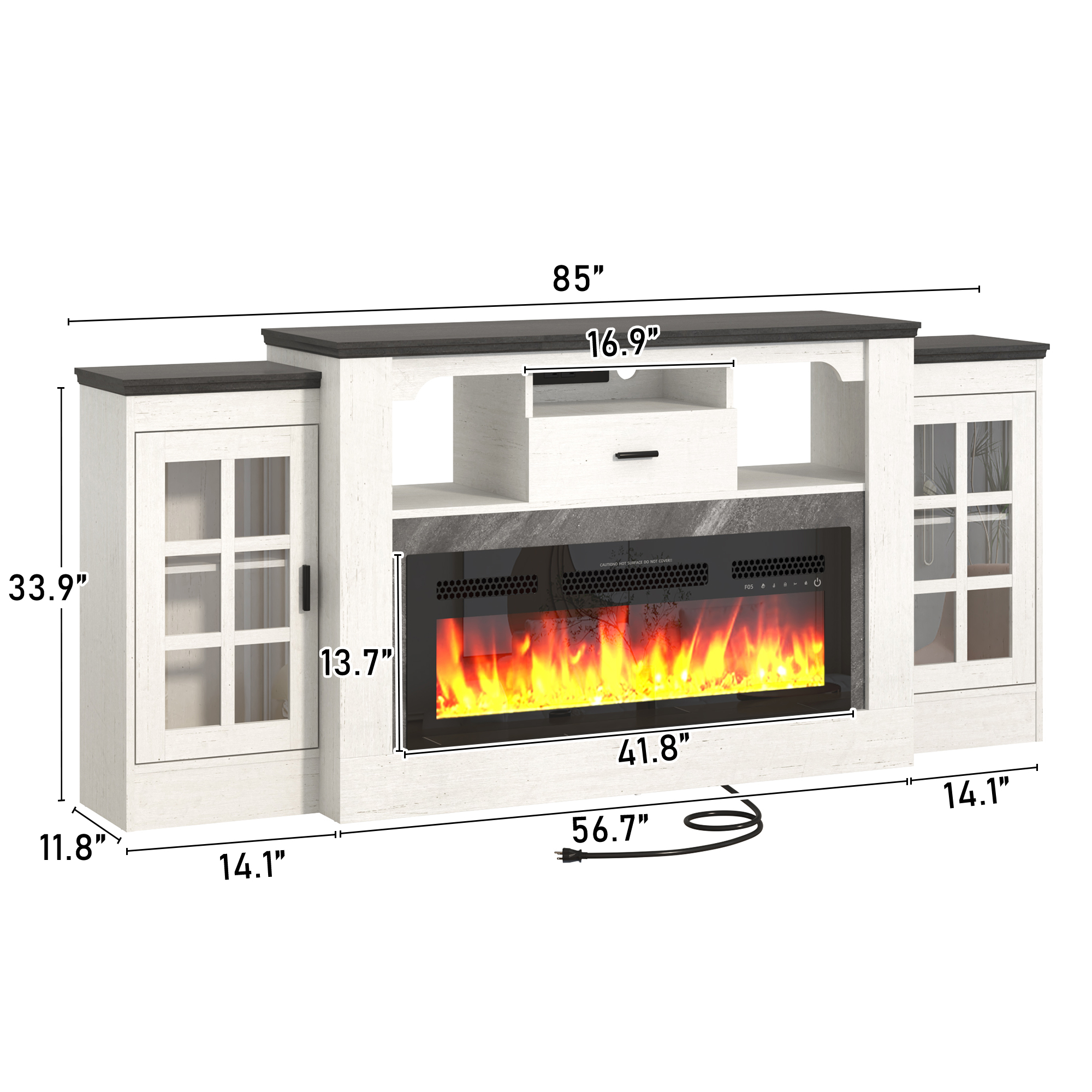 ChVans 75" Fireplace TV Stand for TVs up to 85" with 36" Electric Fireplace, 33"H Farmhouse Entertainment Center with Power Outlet & LED Lights, Wooden Media Console for Living Room, Bedroom
