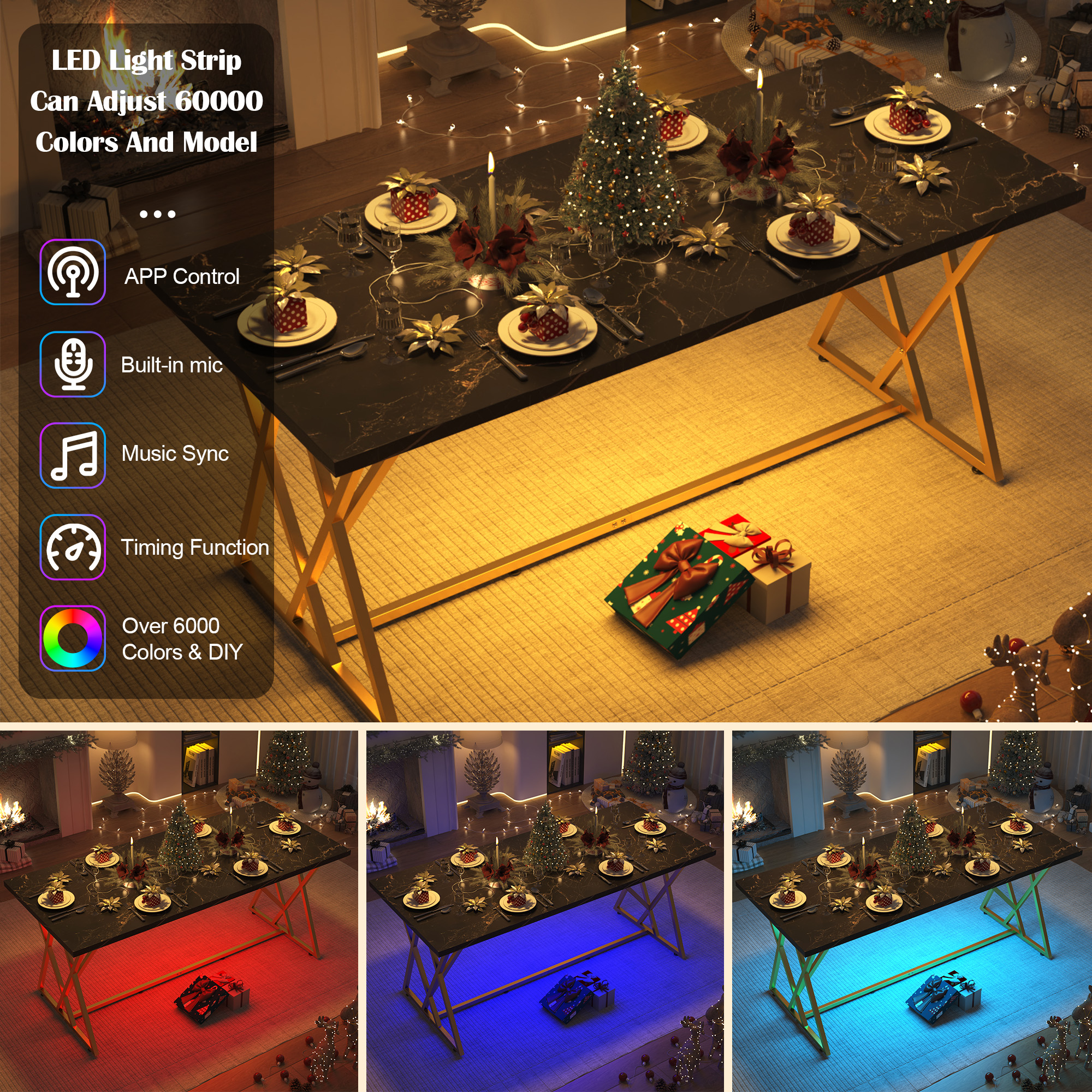 ChVans 71IN Modern Dining Table for 6-8 People, Marble Color Wood Kitchen Table with LED Lights, Adjustable Gold Metal Leg, Rectangular Black Dining Table for Office Dining Room