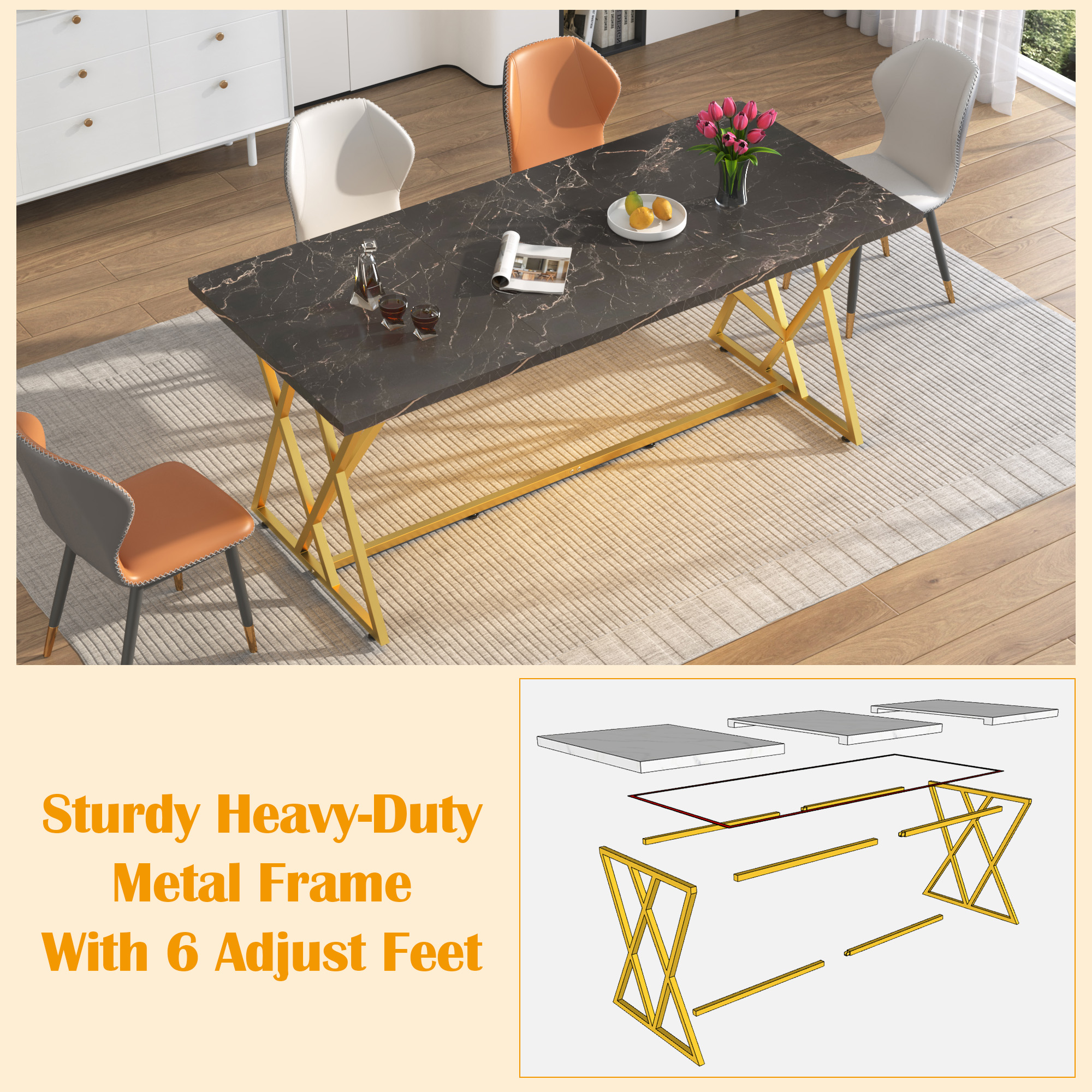 ChVans 71IN Modern Dining Table for 6-8 People, Marble Color Wood Kitchen Table with LED Lights, Adjustable Gold Metal Leg, Rectangular Black Dining Table for Office Dining Room