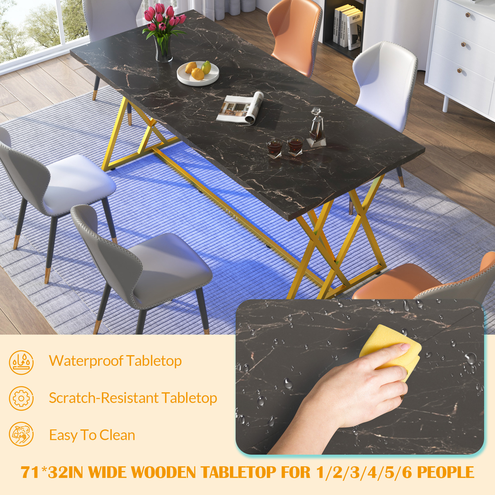 ChVans 71IN Modern Dining Table for 6-8 People, Marble Color Wood Kitchen Table with LED Lights, Adjustable Gold Metal Leg, Rectangular Black Dining Table for Office Dining Room
