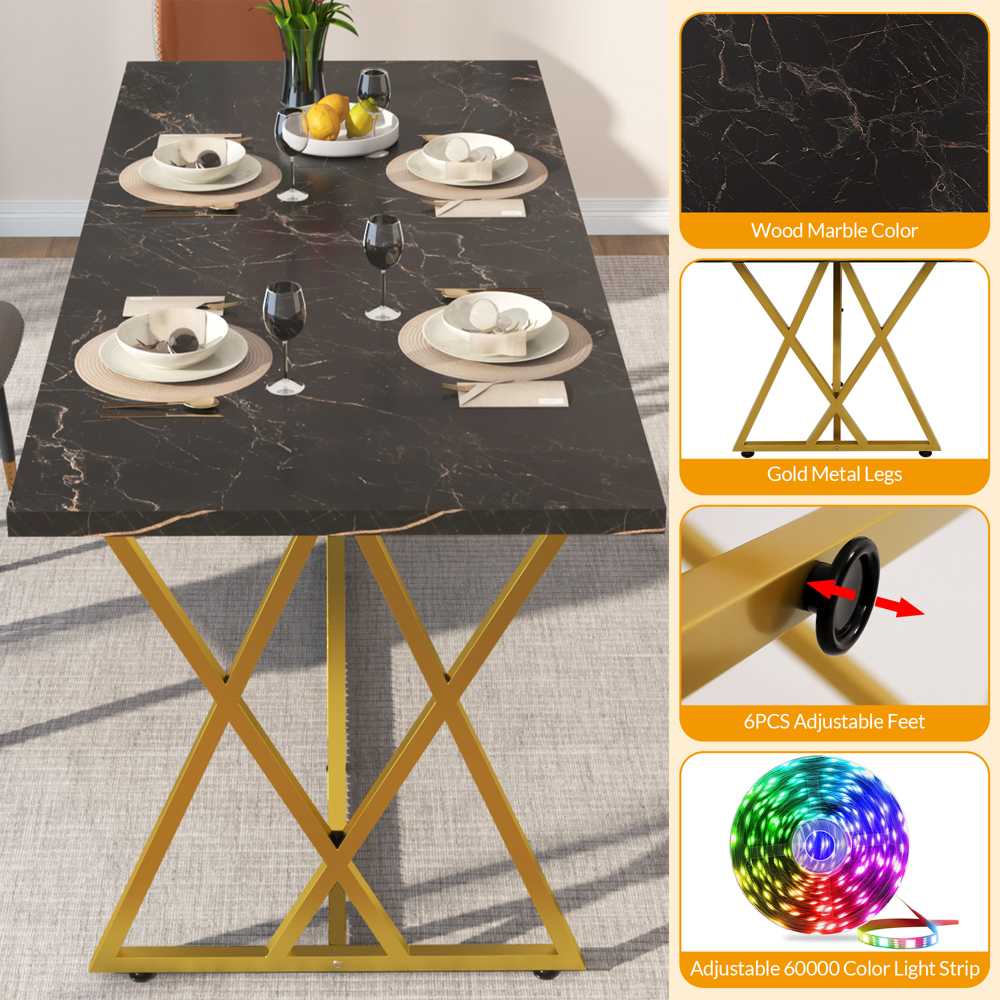 ChVans 71IN Modern Dining Table for 6-8 People, Marble Color Wood Kitchen Table with LED Lights, Adjustable Gold Metal Leg, Rectangular Black Dining Table for Office Dining Room