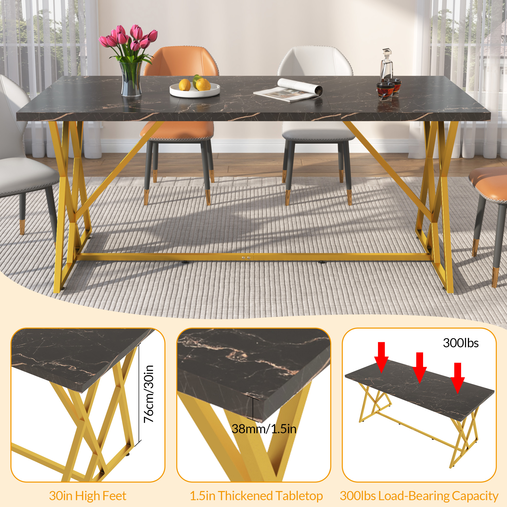 ChVans 71IN Modern Dining Table for 6-8 People, Marble Color Wood Kitchen Table with LED Lights, Adjustable Gold Metal Leg, Rectangular Black Dining Table for Office Dining Room
