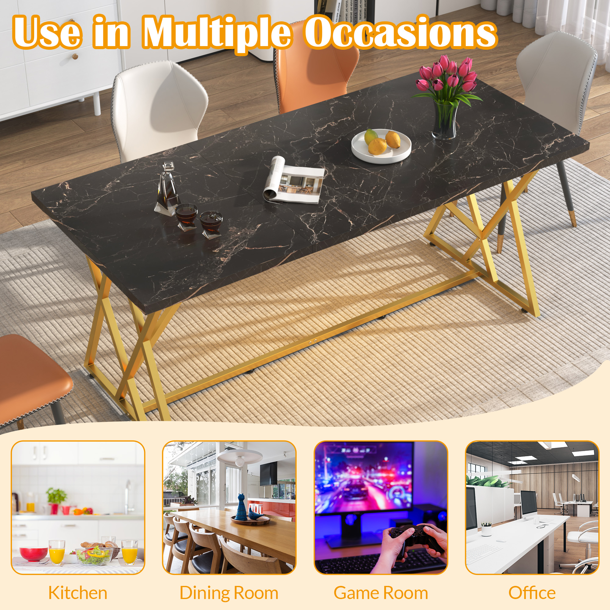 ChVans 71IN Modern Dining Table for 6-8 People, Marble Color Wood Kitchen Table with LED Lights, Adjustable Gold Metal Leg, Rectangular Black Dining Table for Office Dining Room