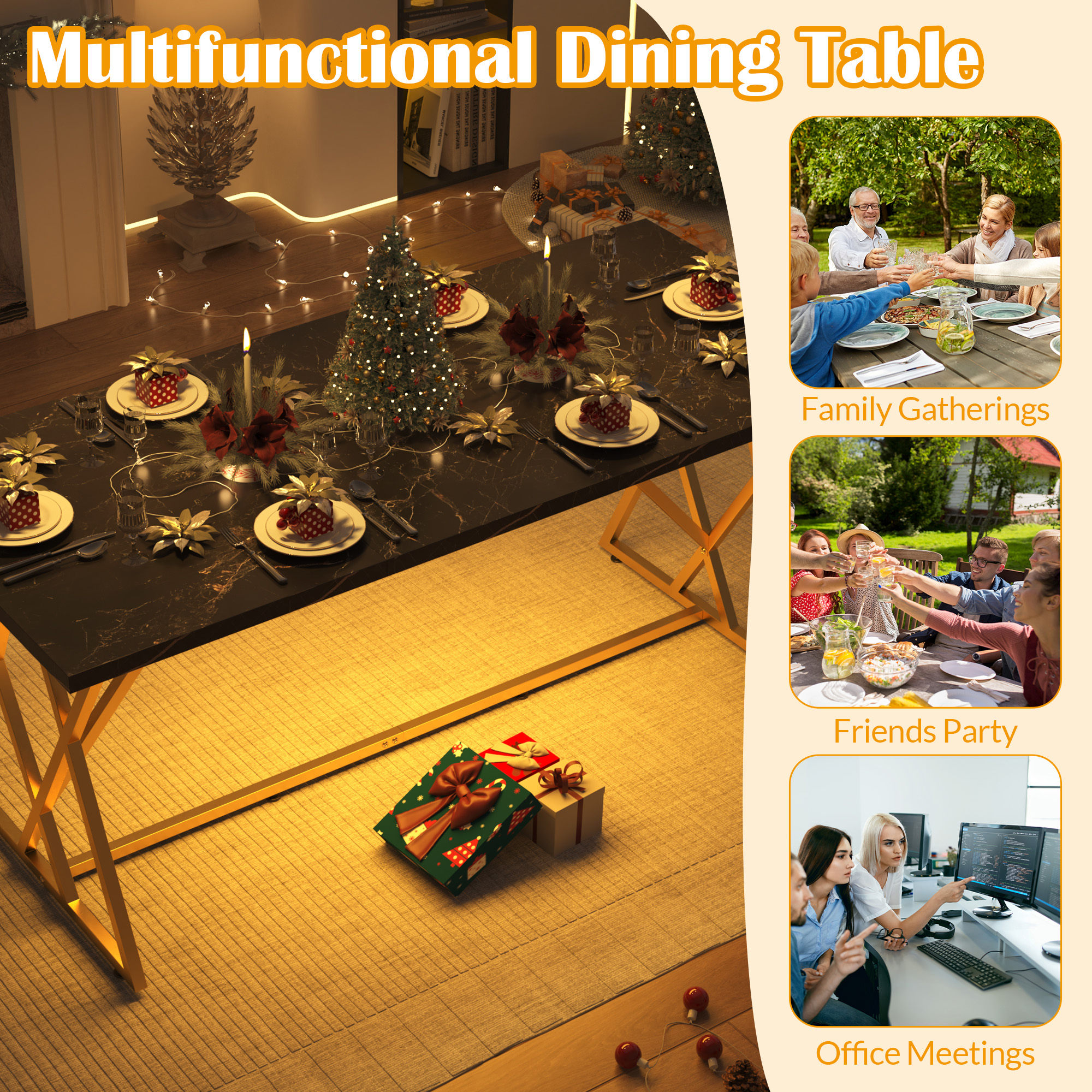 ChVans 71IN Modern Dining Table for 6-8 People, Marble Color Wood Kitchen Table with LED Lights, Adjustable Gold Metal Leg, Rectangular Black Dining Table for Office Dining Room