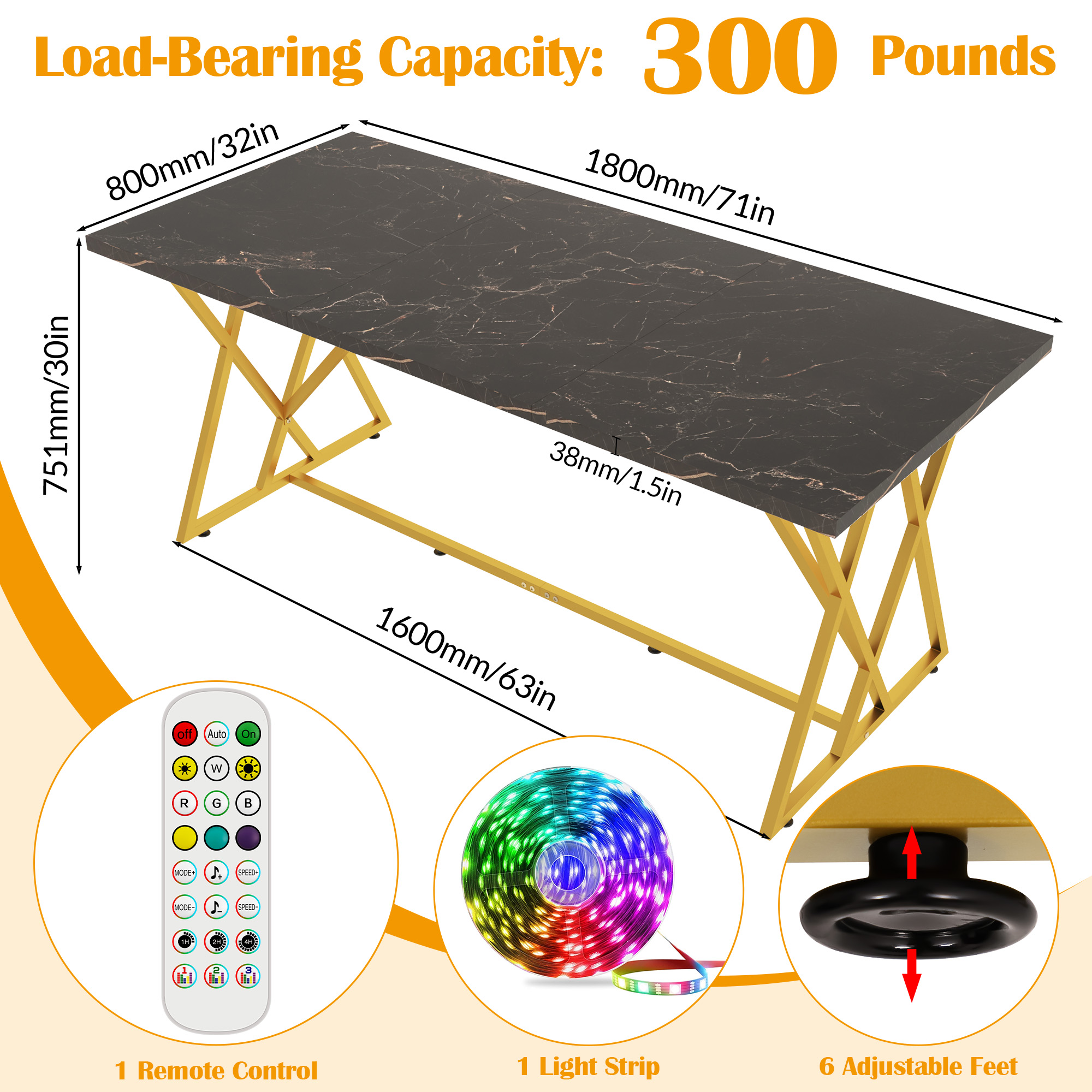 ChVans 71IN Modern Dining Table for 6-8 People, Marble Color Wood Kitchen Table with LED Lights, Adjustable Gold Metal Leg, Rectangular Black Dining Table for Office Dining Room