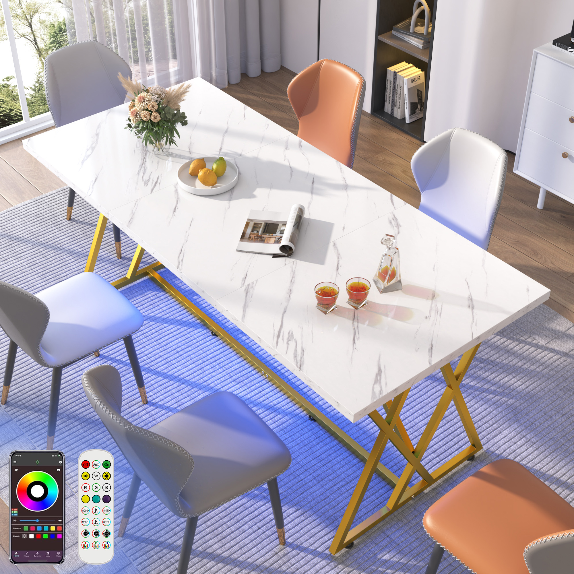 ChVans 71IN Modern Dining Table for 6-8 People, Marble Color Wood Kitchen Table with LED Lights, Adjustable Gold Metal Leg, Rectangular Black Dining Table for Office Dining Room