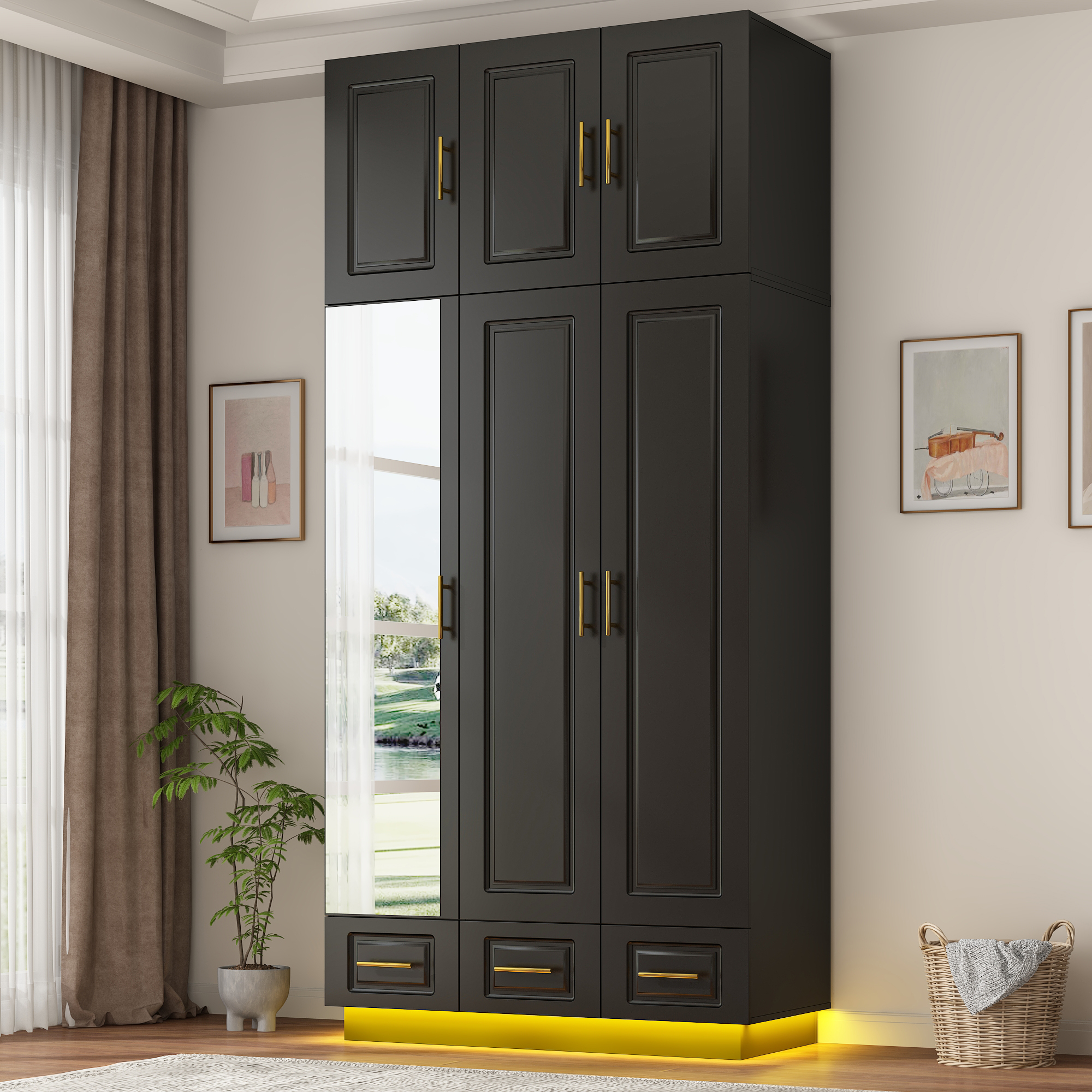 ChVans 3 Door Armoire Wardrobe Closet with Top Cabinet and Mirror, 94.5'' LED Wardrobe Armoire with 3 Drawers, Hanging Rod & Multi-Layer Shelves for Bedroom, Black