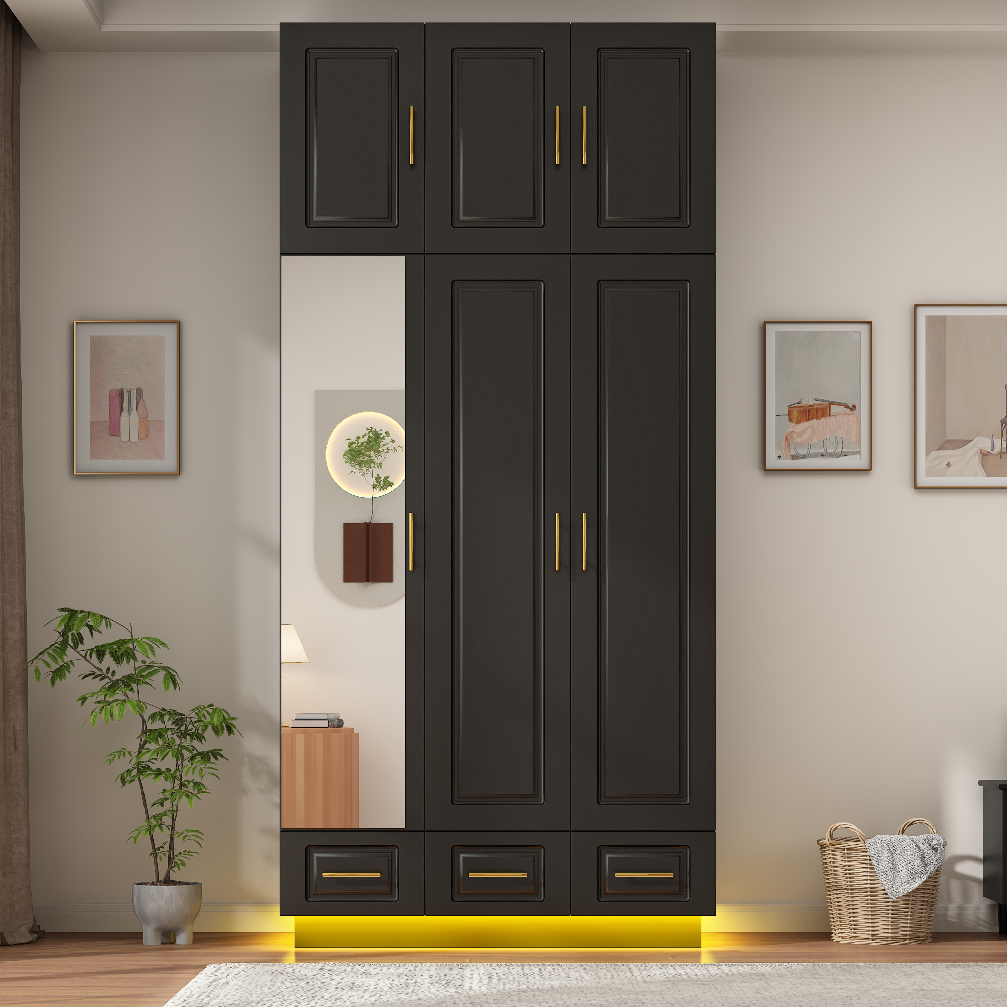 ChVans 3 Door Armoire Wardrobe Closet with Top Cabinet and Mirror, 94.5'' LED Wardrobe Armoire with 3 Drawers, Hanging Rod & Multi-Layer Shelves for Bedroom, Black