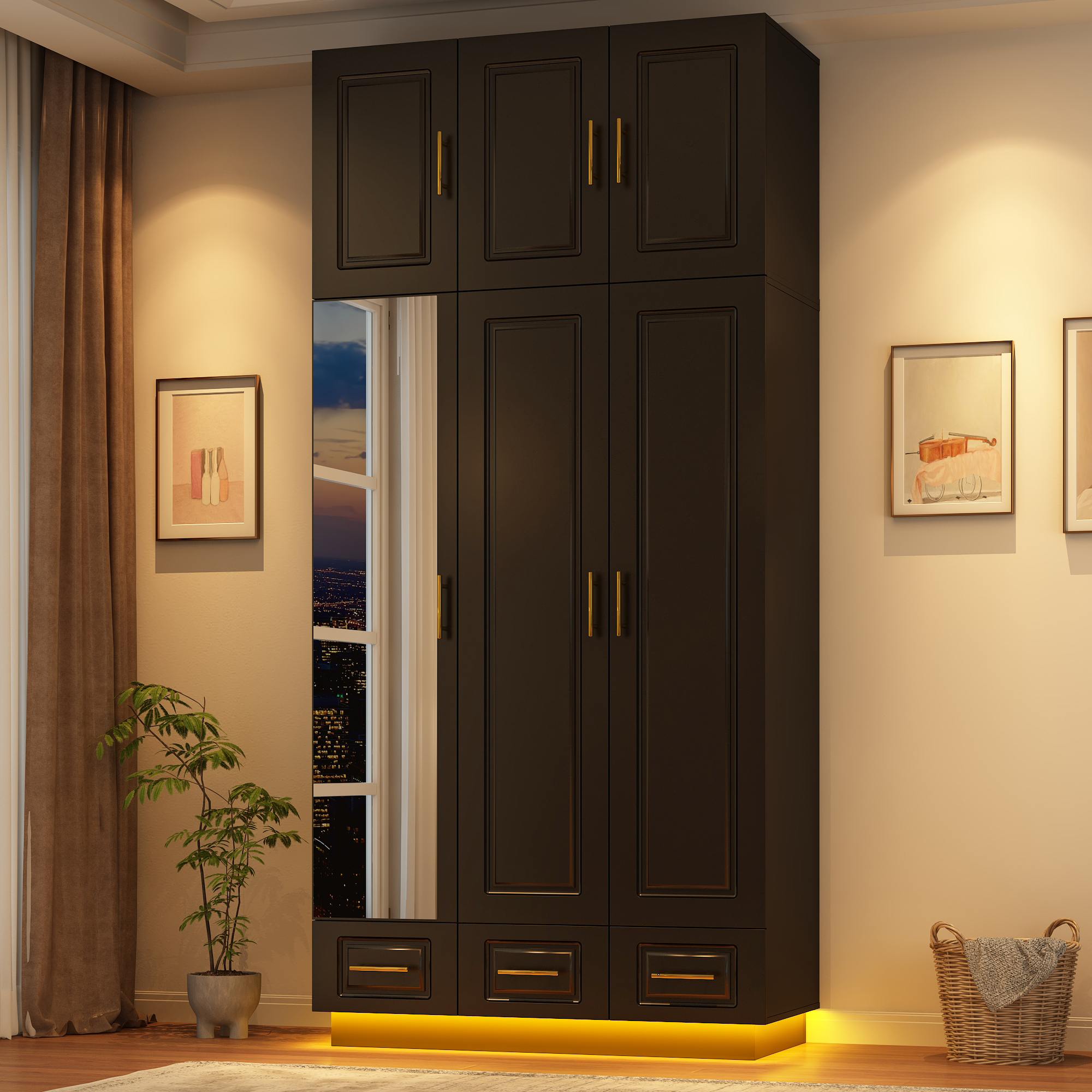 ChVans 3 Door Armoire Wardrobe Closet with Top Cabinet and Mirror, 94.5'' LED Wardrobe Armoire with 3 Drawers, Hanging Rod & Multi-Layer Shelves for Bedroom, Black