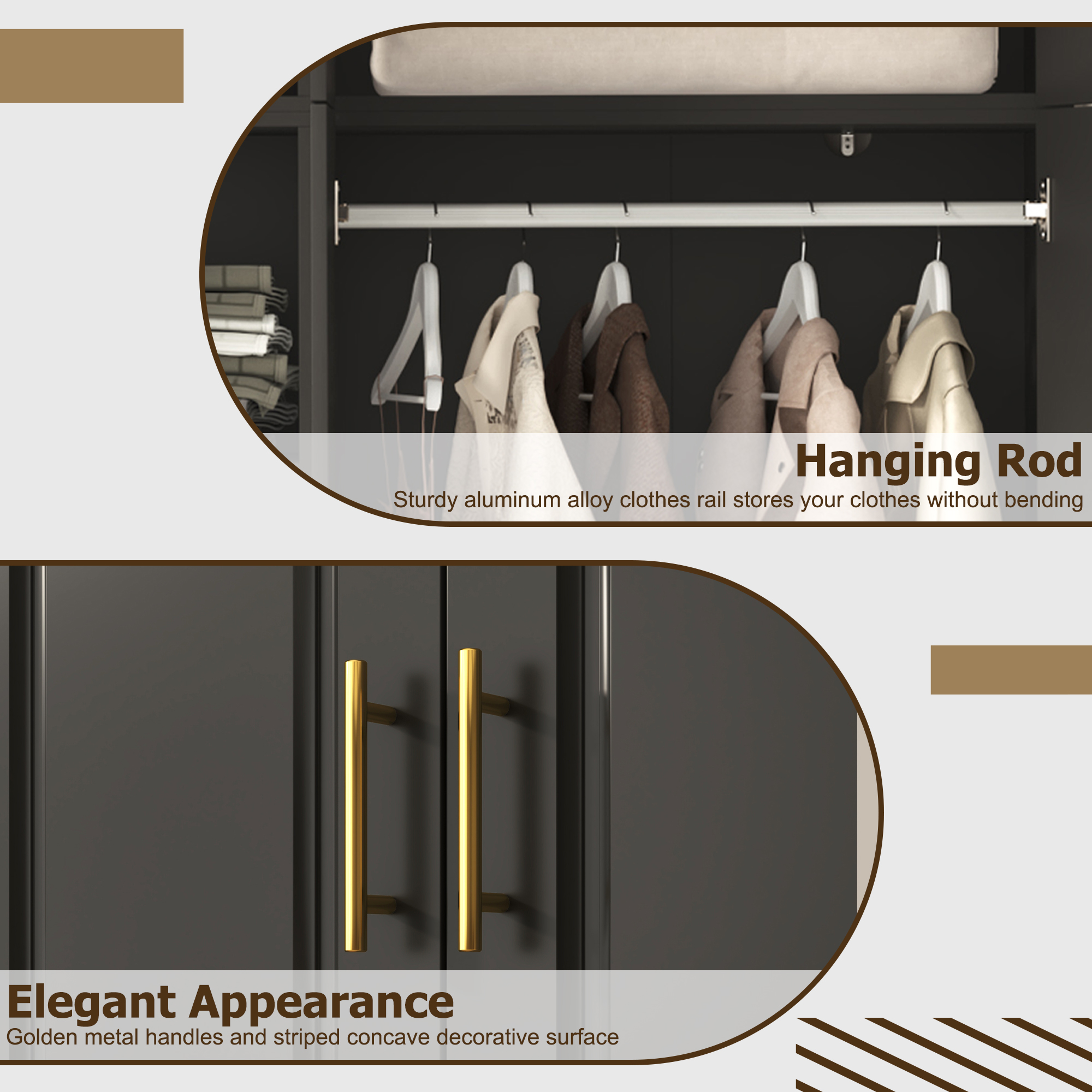 ChVans 3 Door Armoire Wardrobe Closet with Top Cabinet and Mirror, 94.5'' LED Wardrobe Armoire with 3 Drawers, Hanging Rod & Multi-Layer Shelves for Bedroom, Black