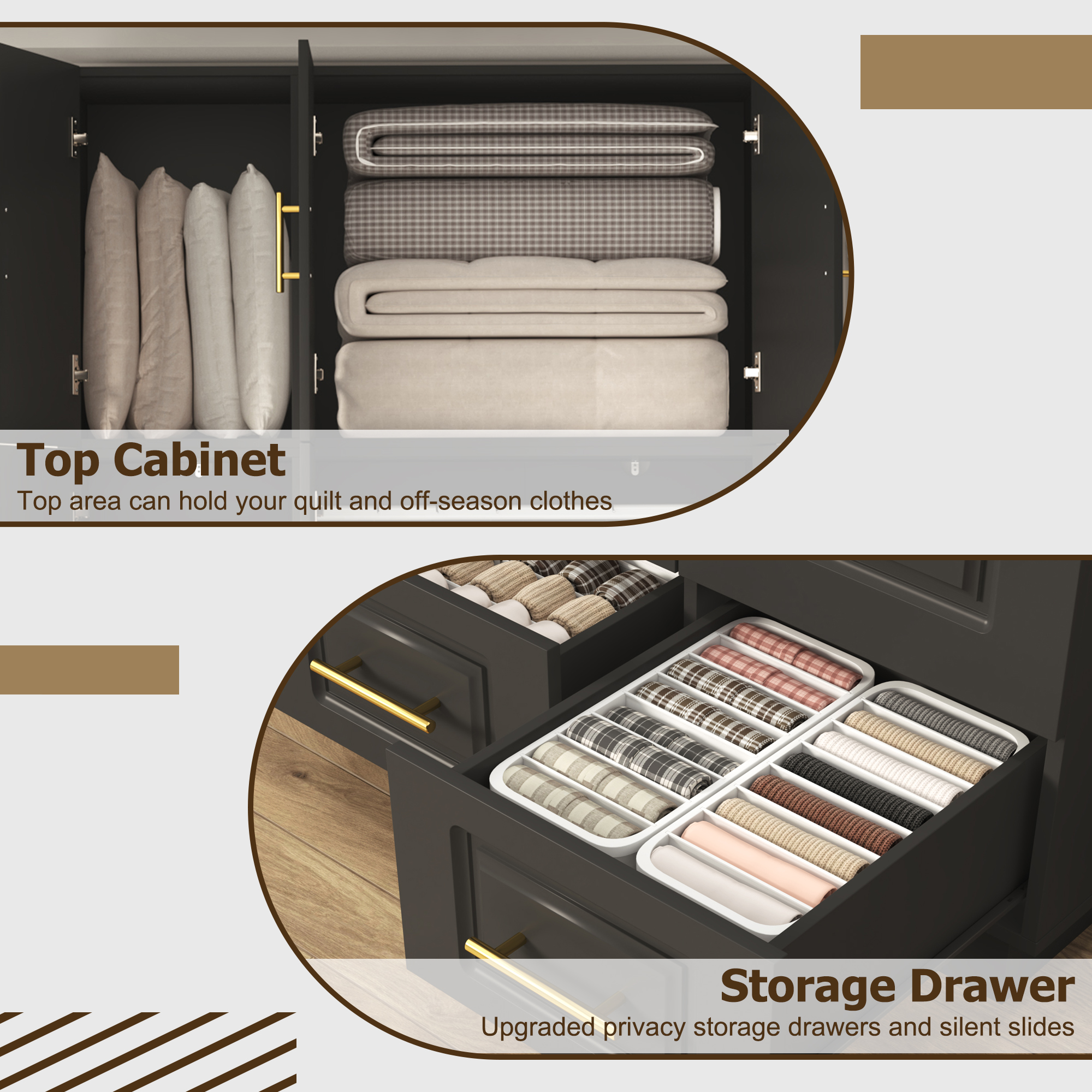 ChVans 3 Door Armoire Wardrobe Closet with Top Cabinet and Mirror, 94.5'' LED Wardrobe Armoire with 3 Drawers, Hanging Rod & Multi-Layer Shelves for Bedroom, Black