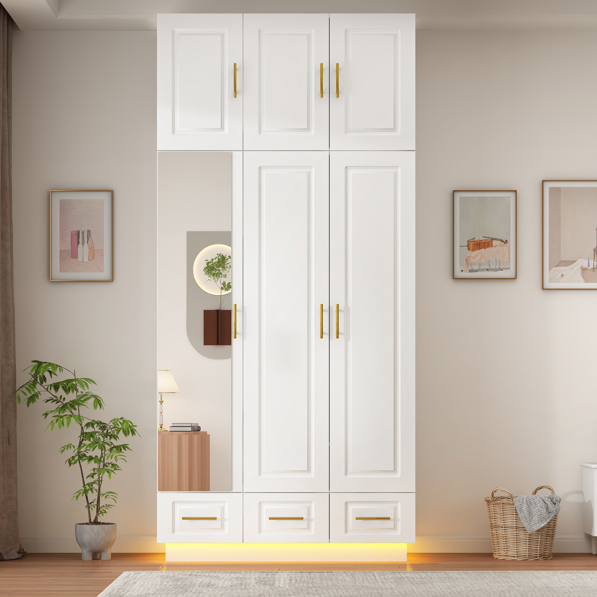 ChVans 3 Door Armoire Wardrobe Closet with Top Cabinet and Mirror, 94.5'' LED Wardrobe Armoire with 3 Drawers, Hanging Rod & Multi-Layer Shelves for Bedroom, White