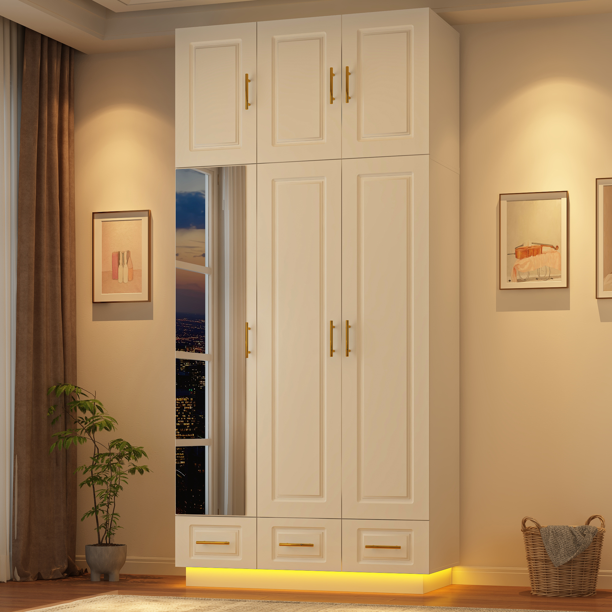 ChVans 3 Door Armoire Wardrobe Closet with Top Cabinet and Mirror, 94.5'' LED Wardrobe Armoire with 3 Drawers, Hanging Rod & Multi-Layer Shelves for Bedroom, White