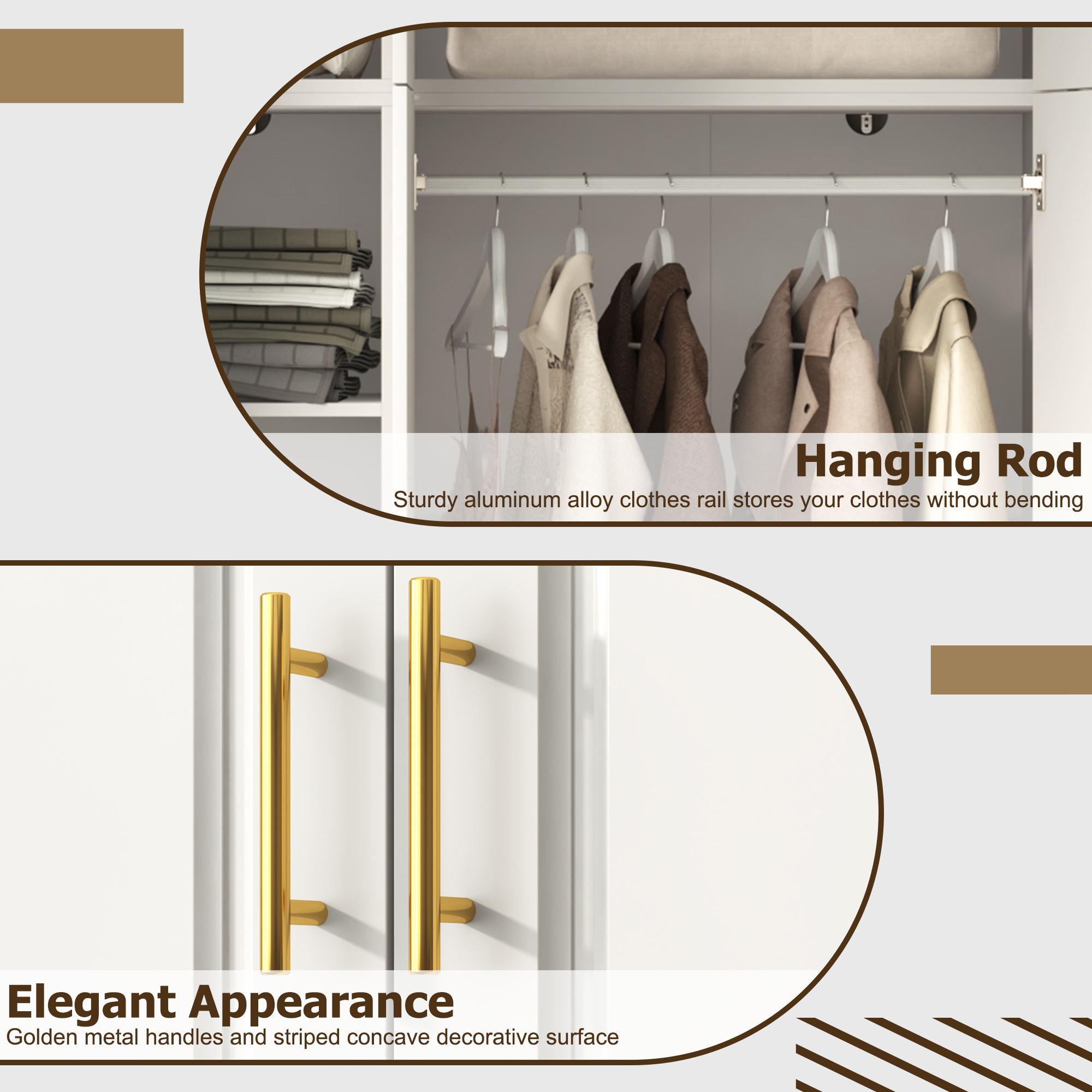 ChVans 3 Door Armoire Wardrobe Closet with Top Cabinet and Mirror, 94.5'' LED Wardrobe Armoire with 3 Drawers, Hanging Rod & Multi-Layer Shelves for Bedroom, White