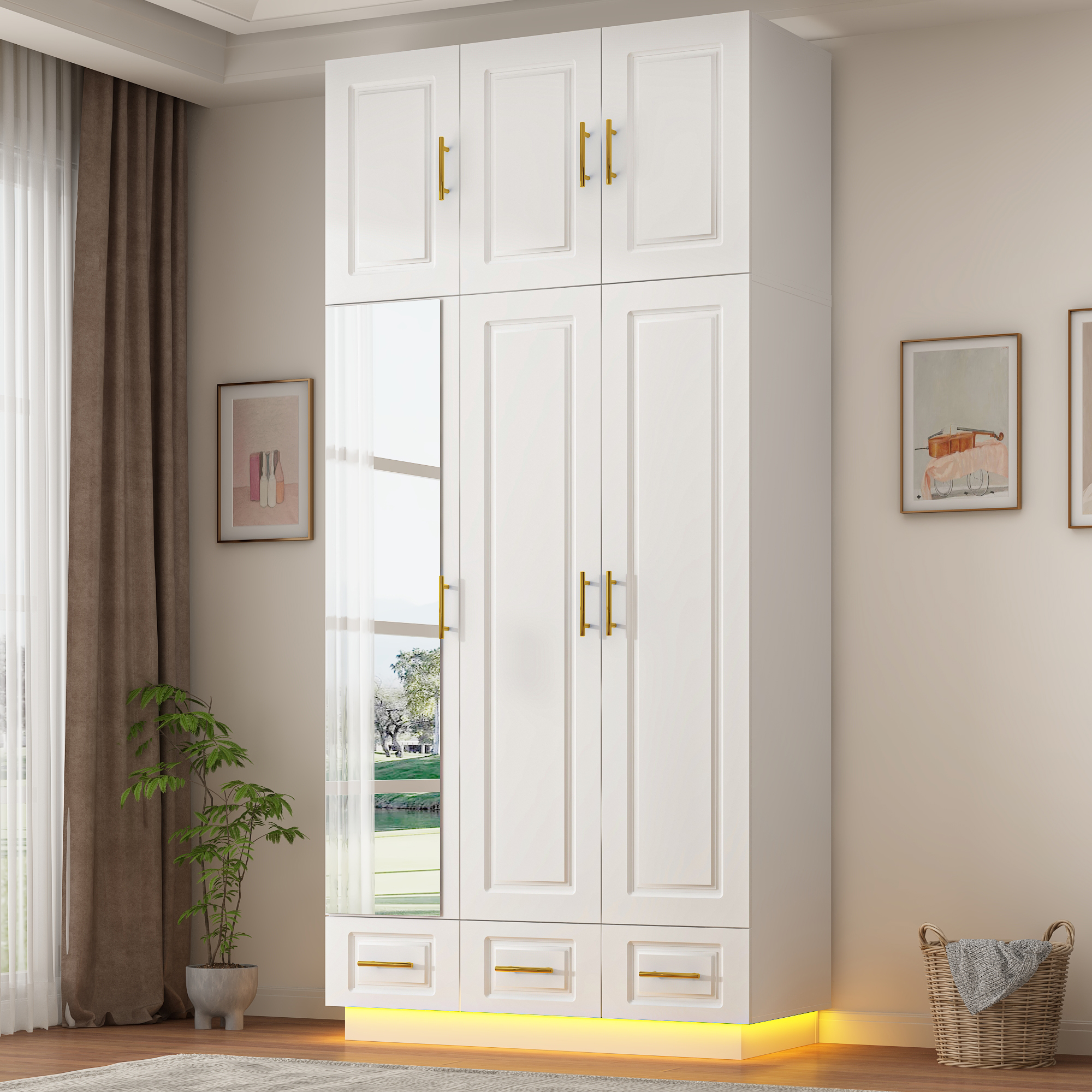 ChVans 3 Door Armoire Wardrobe Closet with Top Cabinet and Mirror, 94.5'' LED Wardrobe Armoire with 3 Drawers, Hanging Rod & Multi-Layer Shelves for Bedroom, White