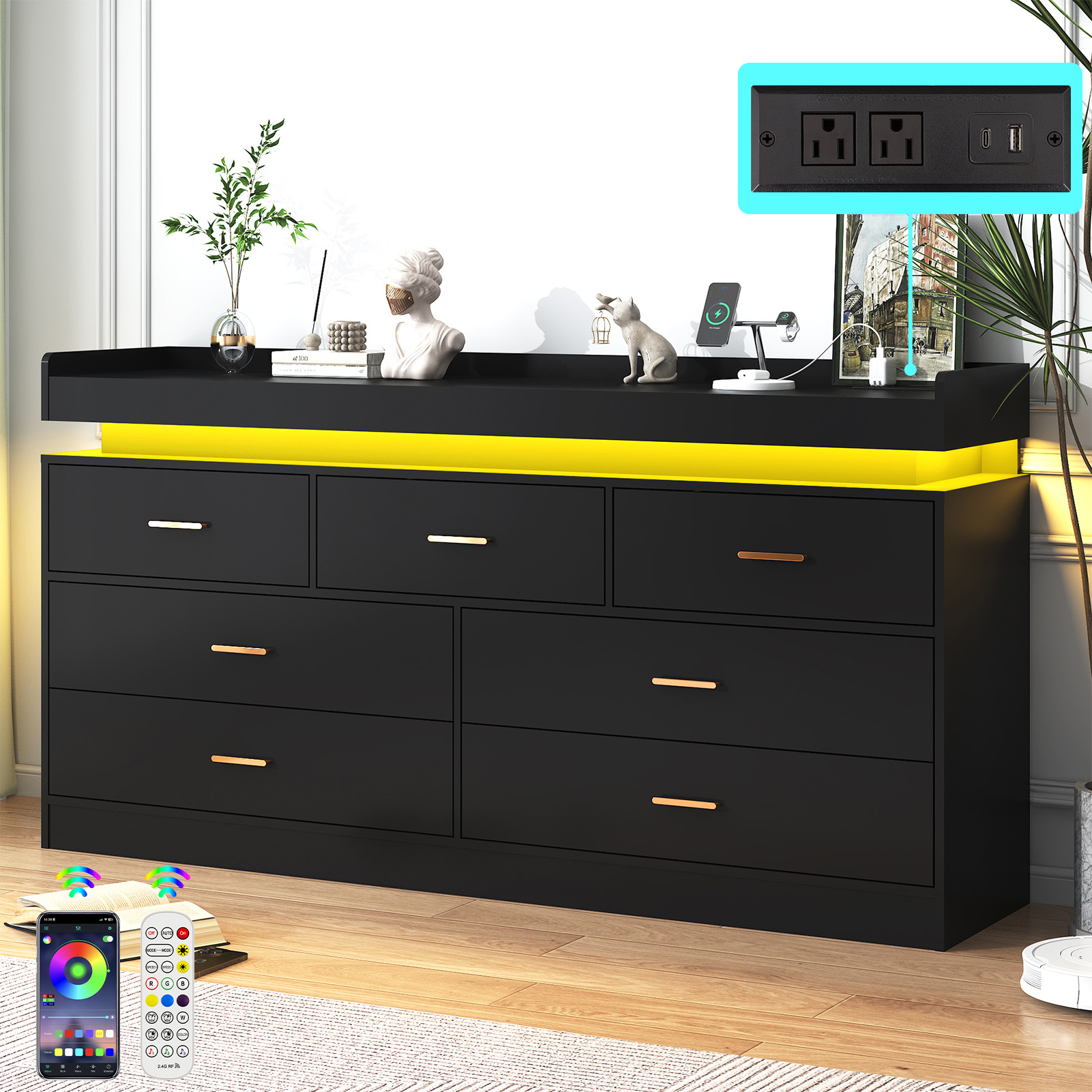 ANPOO 7 Drawer Dresser with Charging Station and LED Lights, Modern Wood Dresser with Wide Drawers and Metal Handles for Bedroom, Living Room