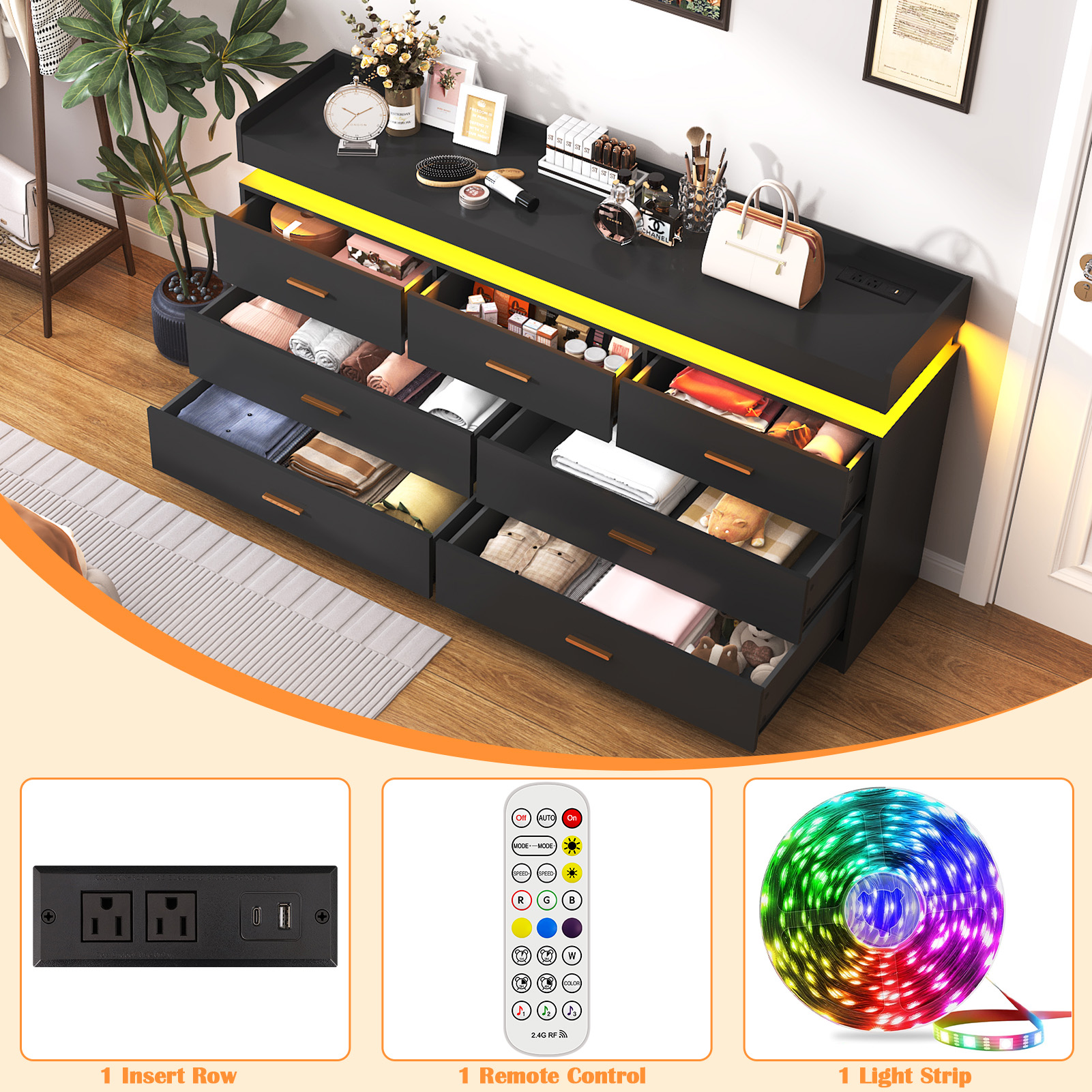 ANPOO 7 Drawer Dresser with Charging Station and LED Lights, Modern Wood Dresser with Wide Drawers and Metal Handles for Bedroom, Living Room