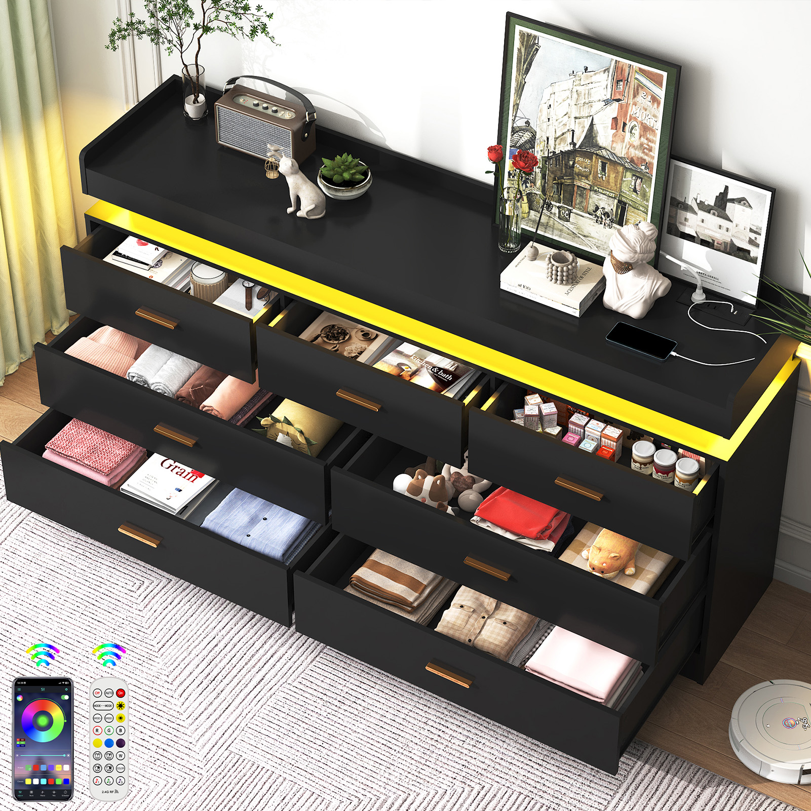 ANPOO 7 Drawer Dresser with Charging Station and LED Lights, Modern Wood Dresser with Wide Drawers and Metal Handles for Bedroom, Living Room