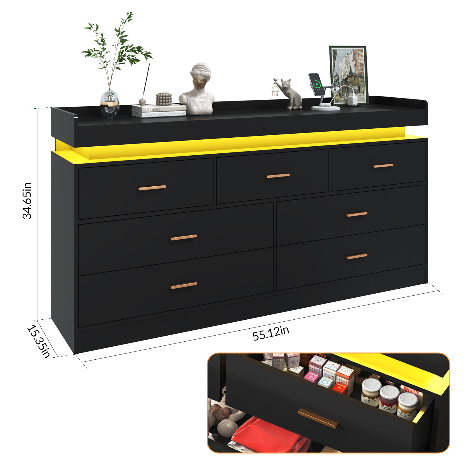 ANPOO 7 Drawer Dresser with Charging Station and LED Lights, Modern Wood Dresser with Wide Drawers and Metal Handles for Bedroom, Living Room