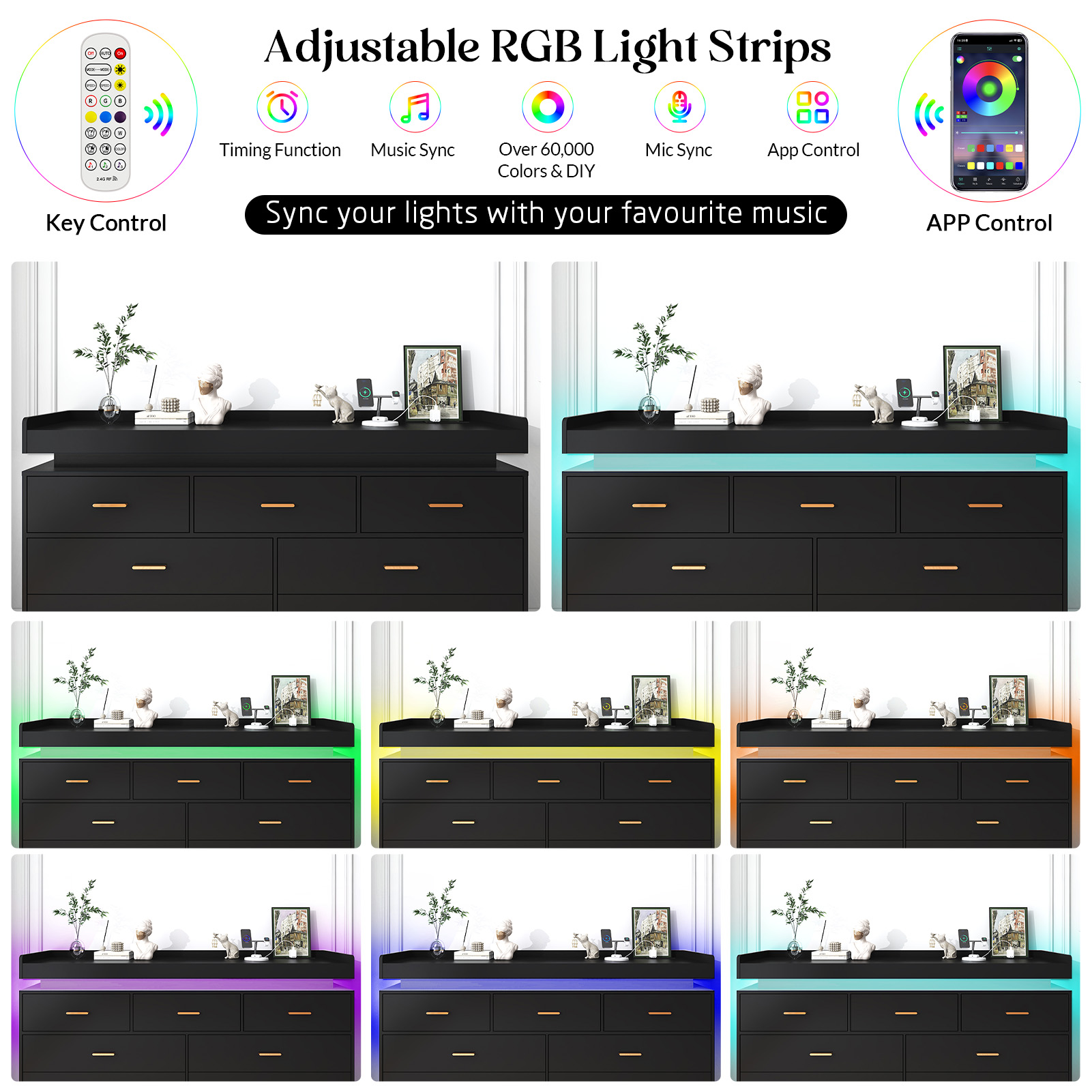 ANPOO 7 Drawer Dresser with Charging Station and LED Lights, Modern Wood Dresser with Wide Drawers and Metal Handles for Bedroom, Living Room