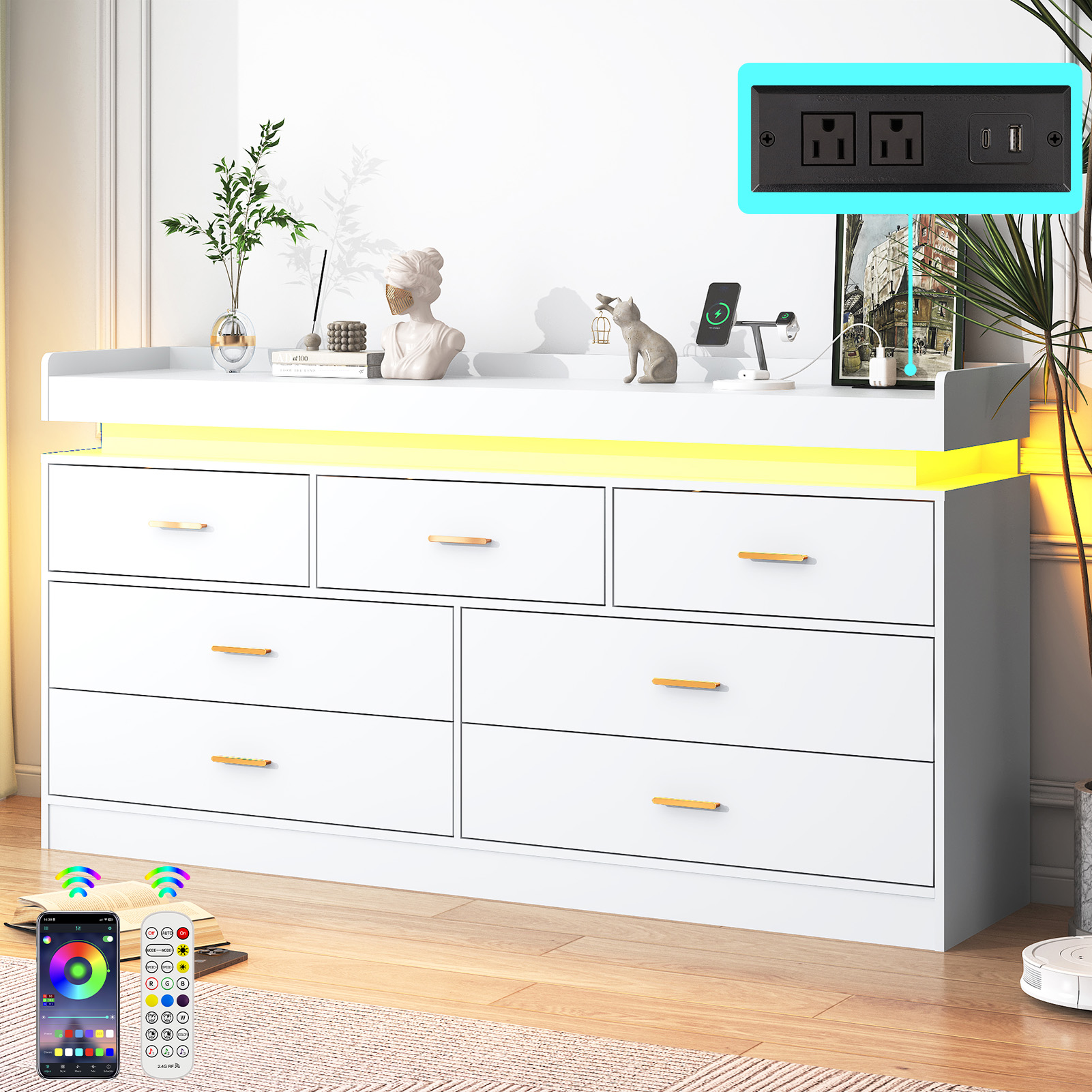 ANPOO 7 Drawer Dresser with Charging Station and LED Lights, Modern Wood Dresser with Wide Drawers and Metal Handles for Bedroom, Living Room